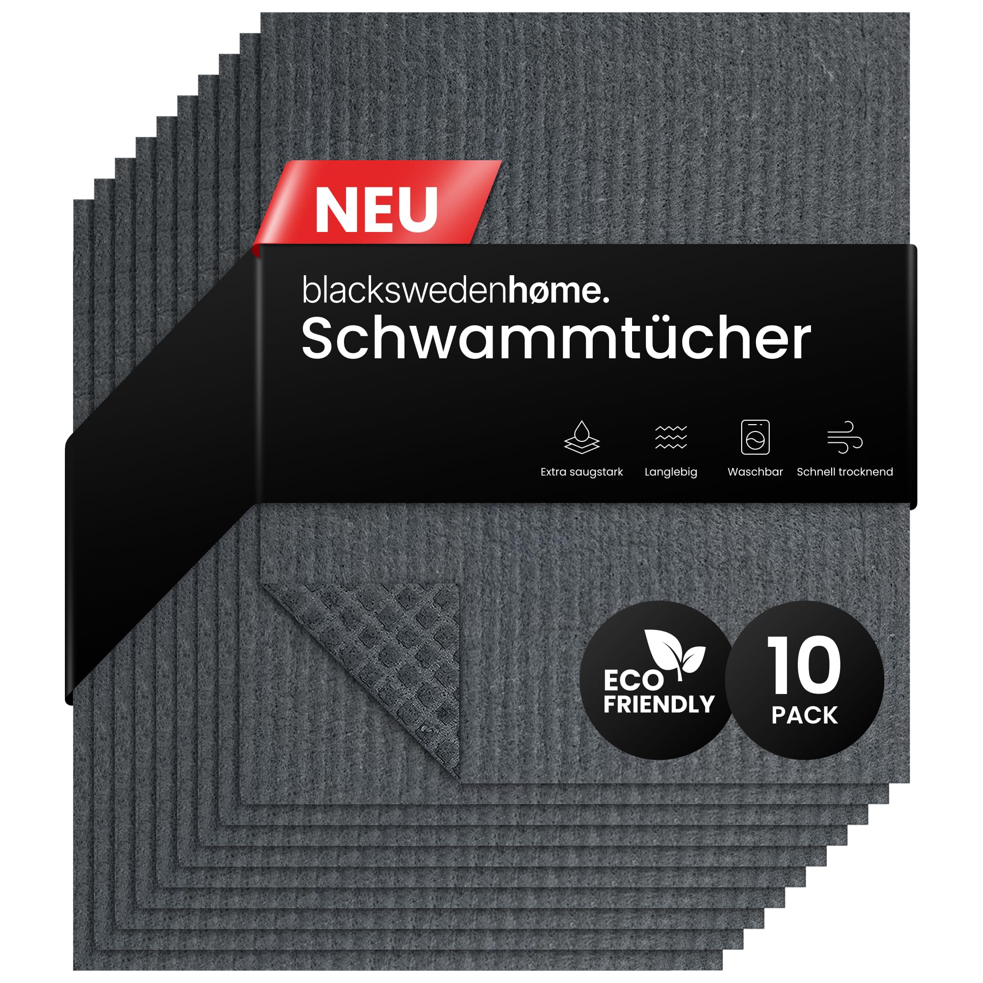 Spültücher schwarz (Dunkelgrau) – 10er Pack schwedische Spüllappen aus Baumwolle & Zellstoff – waschbare Schwammtücher Küche, nachhaltige Küchentücher wiederverwendbar, Lappen Angebot bei HelloDeals