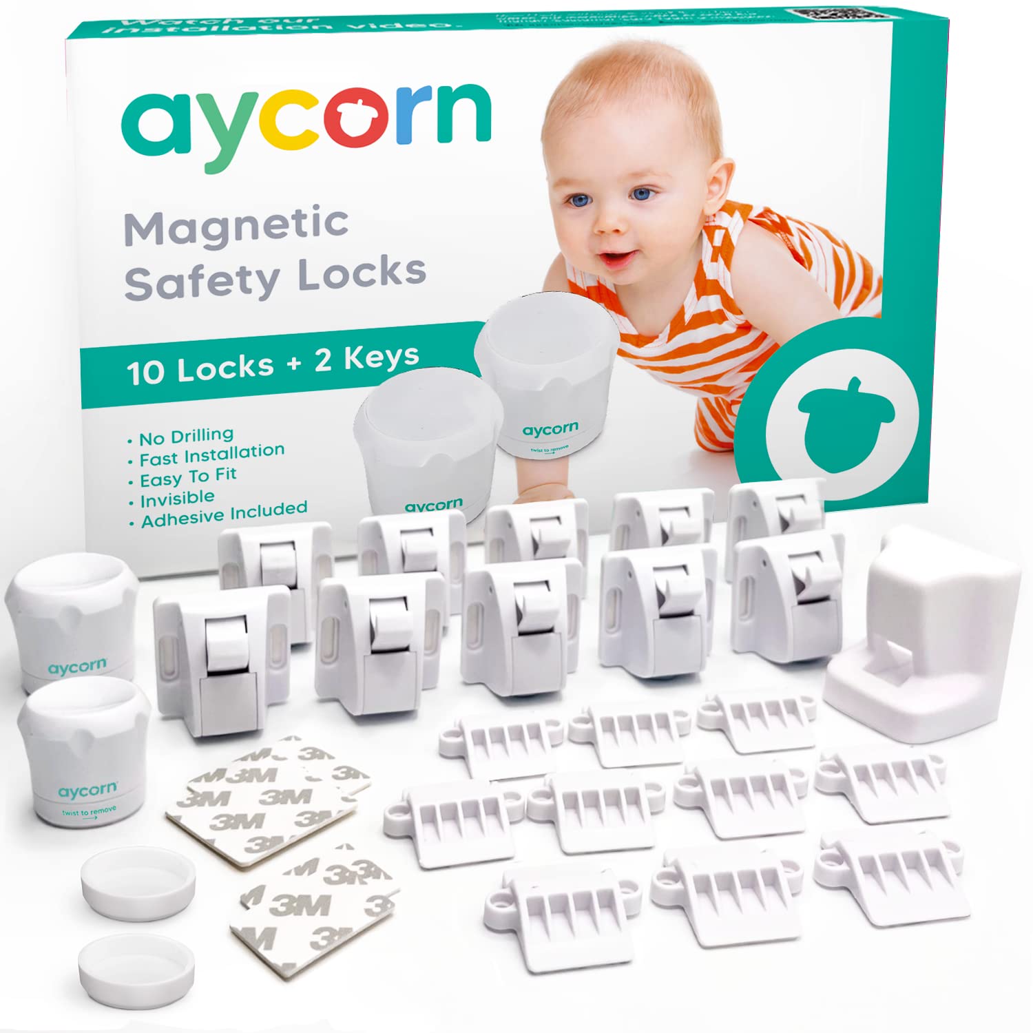 Aycorn Magnetisches Schrankschloss für Kinder & Babys - Kindersicherung Schrank, Schubladen - Schranksicherung Baby ohne Bohren - Einfache Montage mit BONUS Video - 10 Schlösser, 2 Schlüssel Schrank 10 Weiß Angebot bei HelloDeals