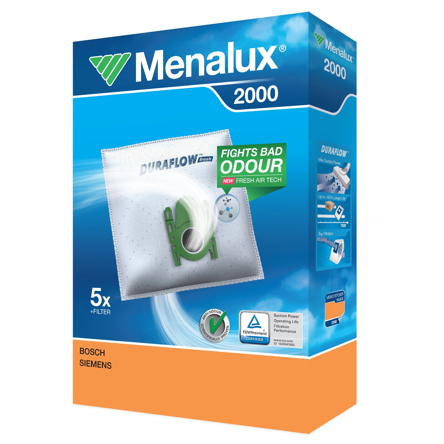 Menalux 2000, 5 Staubbeutel, 1 Mikrofilter (Synthetik Staubbeutel, hohe Saugleistung & Filtration, Hygieneverschluss, Anti-Geruch, neutralisiert Gerüche, reißfest, weiß) Standardpack 2000 - Kompatibel mit Bosch und Siemens Angebot bei HelloDeals