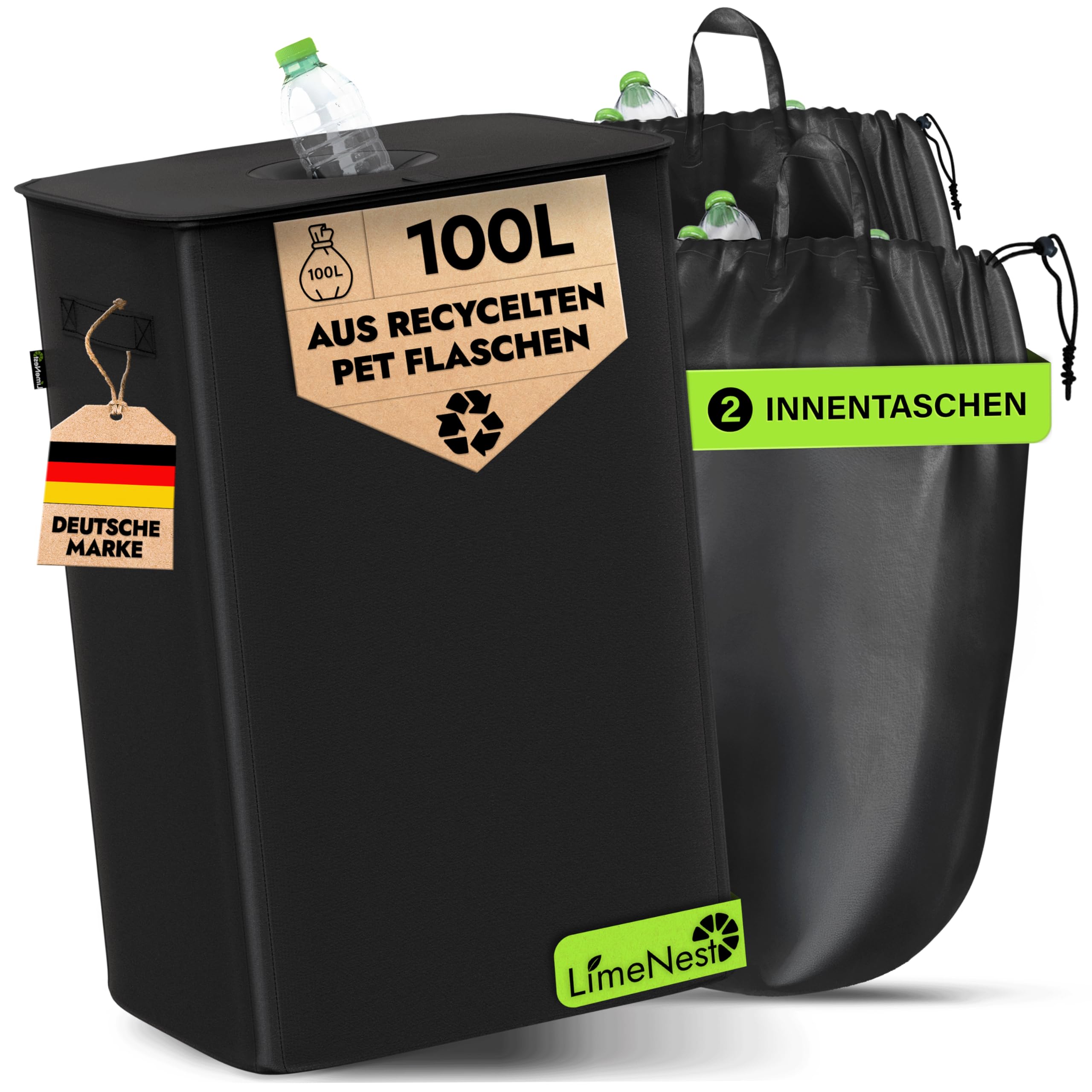 Pfandflaschen Sammelbehälter - Extrem praktischer & stilvoller Leergut Organizer mit großer Einwurföffnung, 2 Tragetaschen & cleverem Innenfach - Ideale Pfandbox aus recyceltem Material Angebot bei HelloDeals