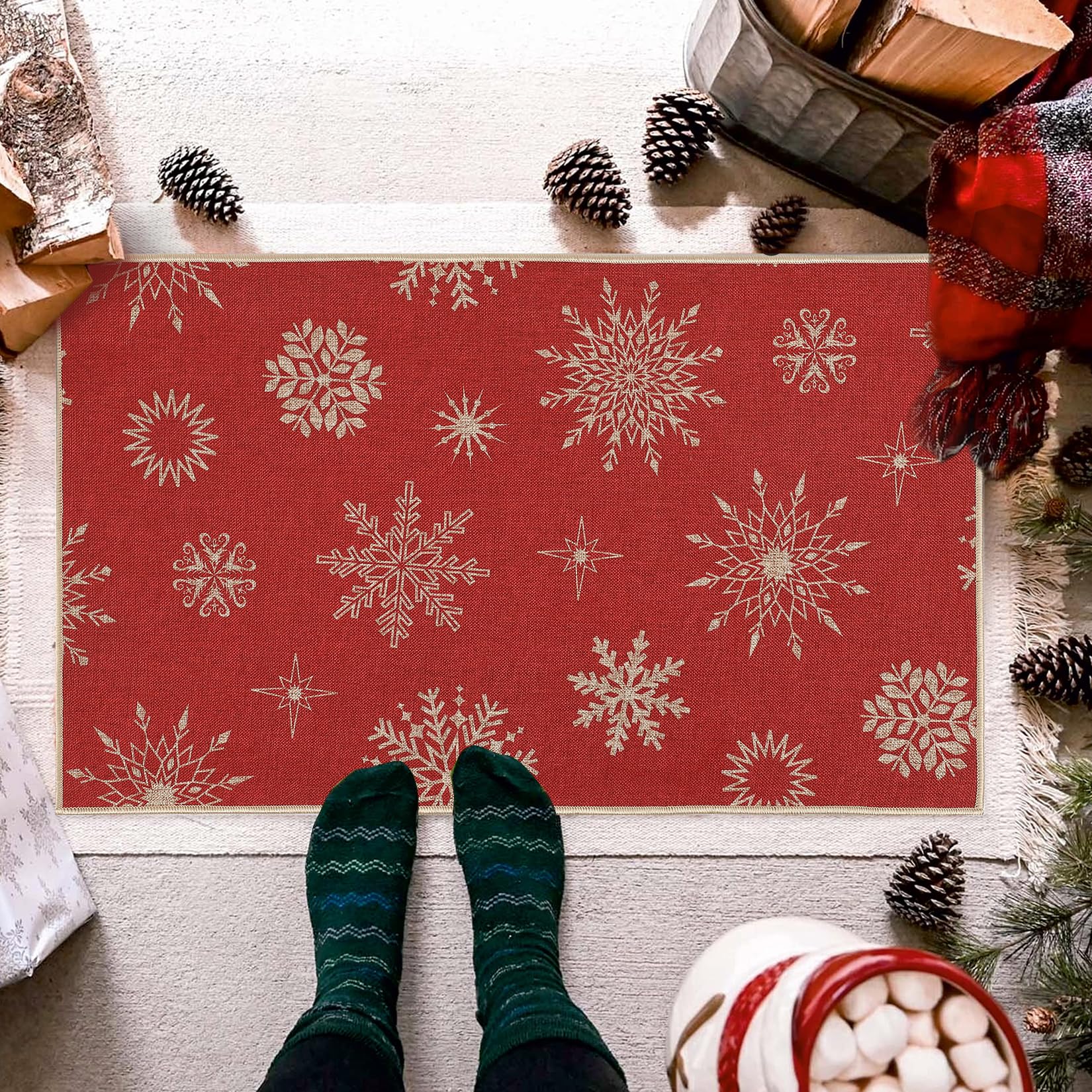 Weihnachts Fußmatte, Schneeflocken 40 x 80 cm, rutschfest für Drinnen und Draußen, Willkommens Fußmatte für Küche, Wäsche Schnee Rot 40 x 80 cm (Rechteckig) Angebot bei HelloDeals