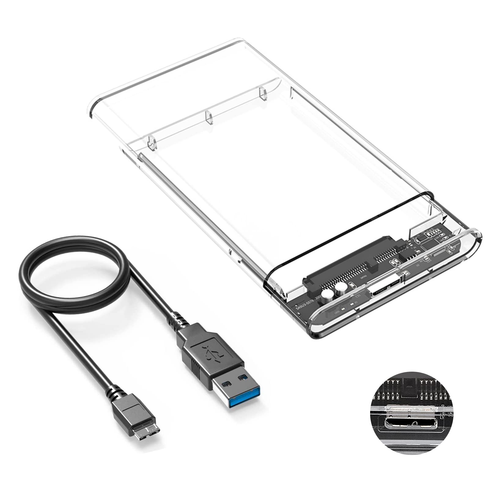 Festplattengehäuse 2.5 Zoll 5Gbps USB 3.0 auf SATA III,ssd gehäuse UASP Beschleunigung, Externes Gehäuse für SSD und HDD in Höhe 9.5mm/7mm Werkzeugfreie Montage, Hot-Swap-Unterstützung [Transparent] Angebot bei HelloDeals