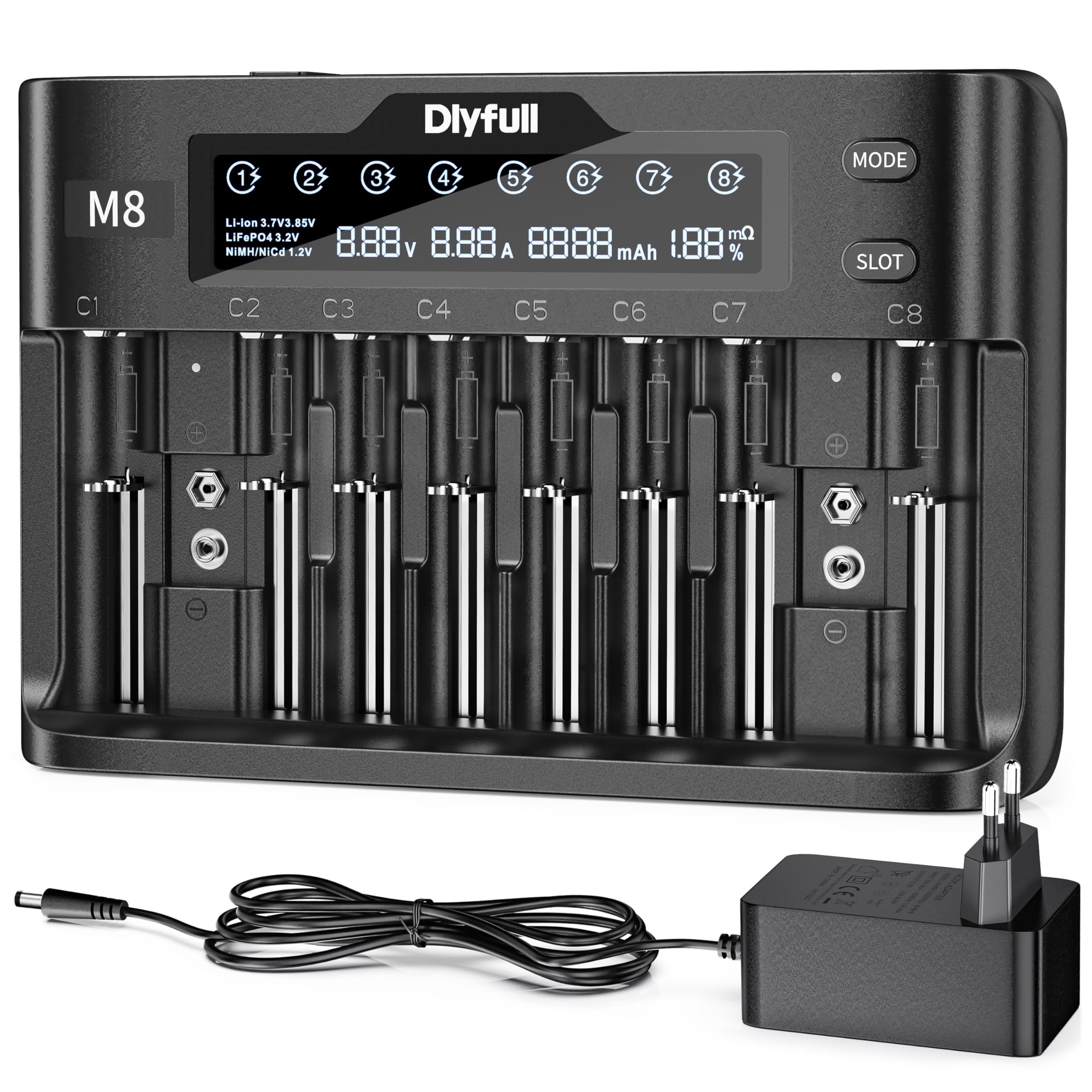 Dlyfull Akku Ladegerät Universal 10 Fach Batterieladegerät Schnell Akkuladegerät für Li-Ion, NI-MH, NI-Cd, LiFePo4, 18650, 21700, AA, AAA, C, 9V Akkus Wiederaufladbare Batterien Angebot bei HelloDeals