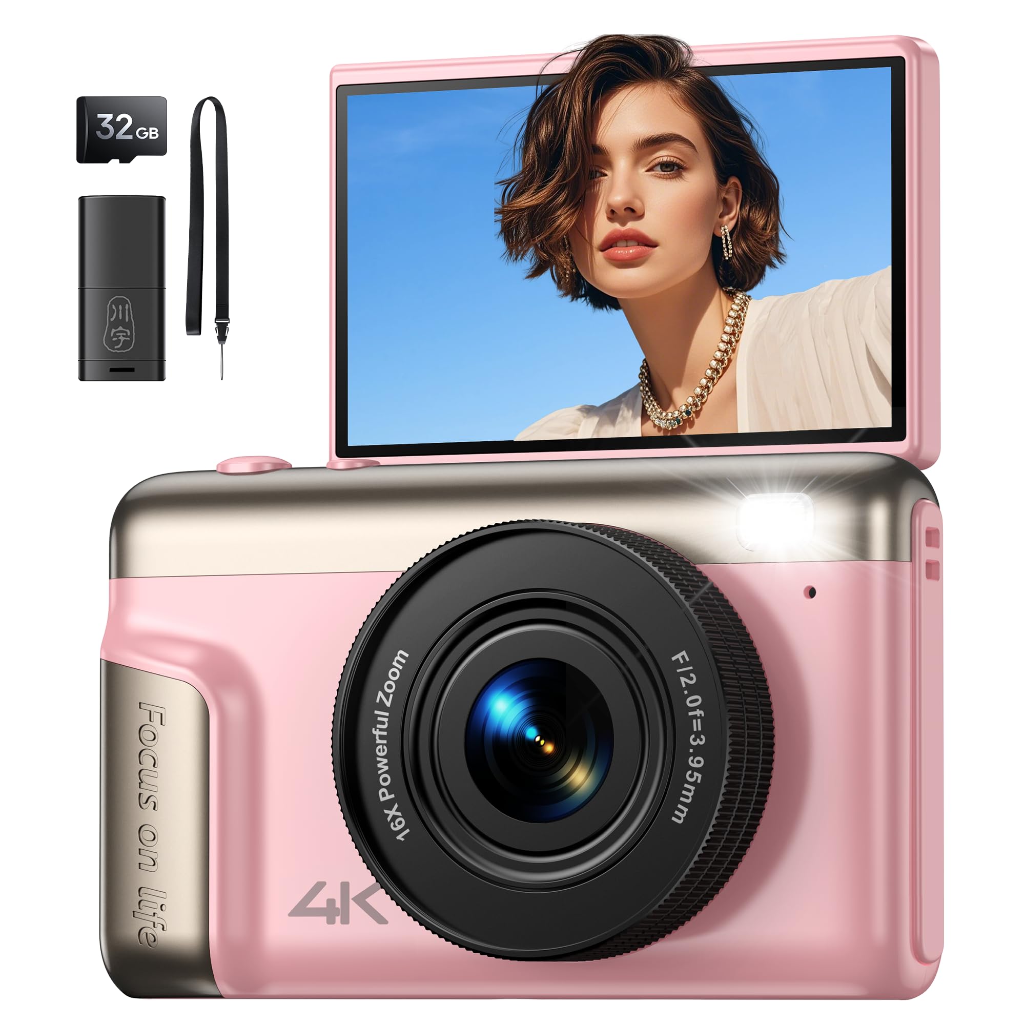 Digitalkamera 4K Fotokamera 64MP Kamera: Vlogging Fotoapparat für Videos mit 3" Klapp-Bildschirm Tragbare Batterie Kompaktkamera mit 16X Digitalzoom 32GB Karte für Kinder Anfänger Studenten (Rosa) Angebot bei HelloDeals