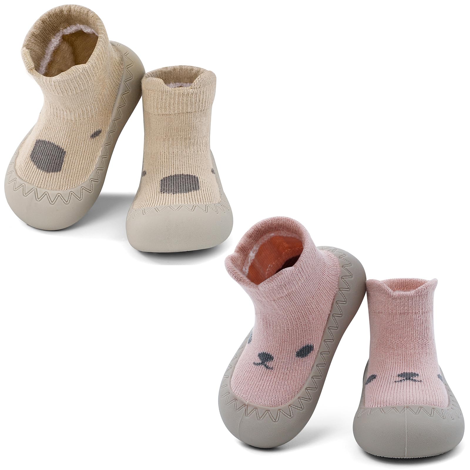 LACOFIA 2er Pack Baby Mädchen Jungen Sockenschuhe Kleinkind Lauflernschuhe Baby Hausschuhe Krabbelsocken mit rutschfest Gummisohle 6-24 Monate 6-12 Monate Khaki Rosa Angebot bei HelloDeals