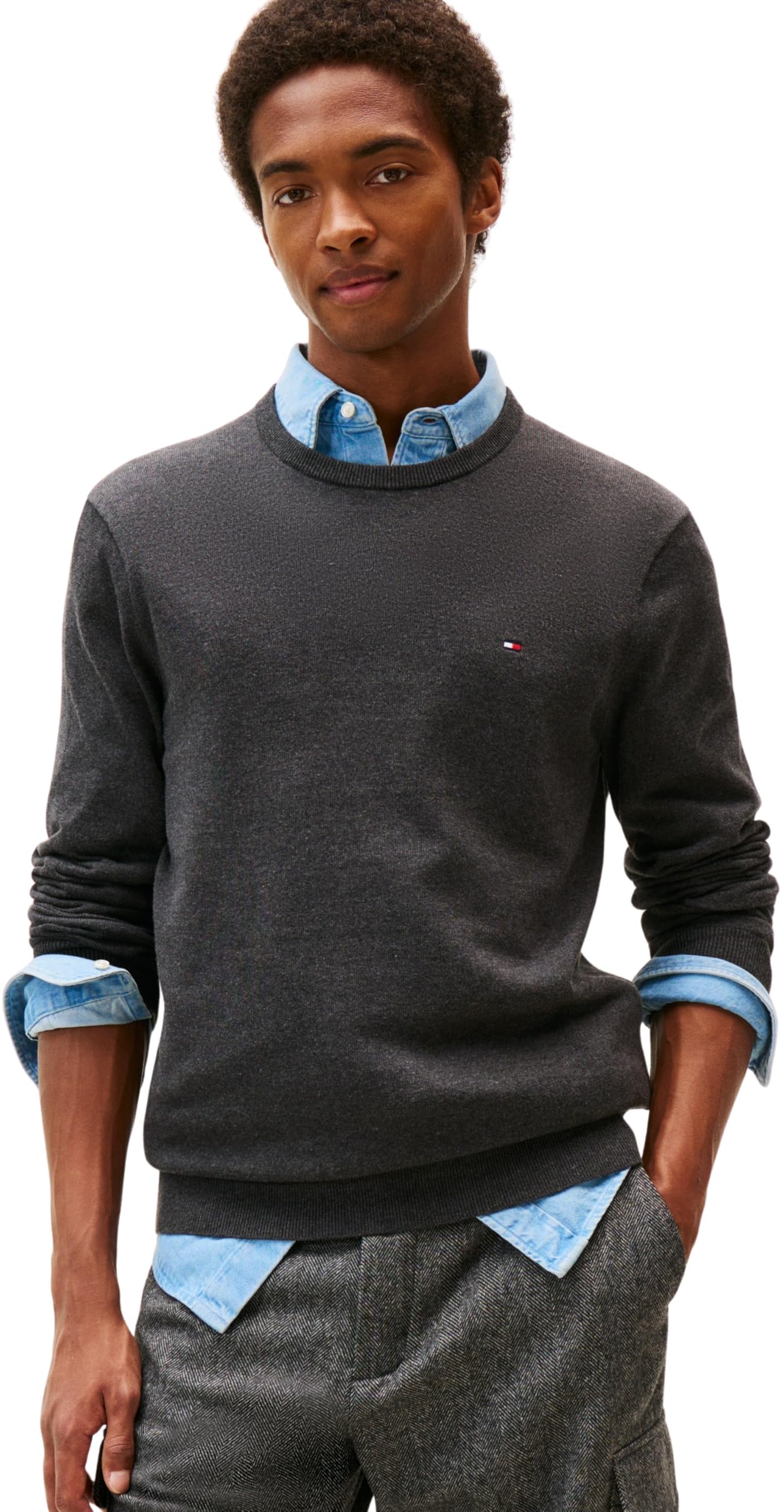 Tommy Hilfiger Herren Pullover Essential Cotton mit Rundhalsausschnitt L Grey (Dark Grey Heather) Angebot bei HelloDeals