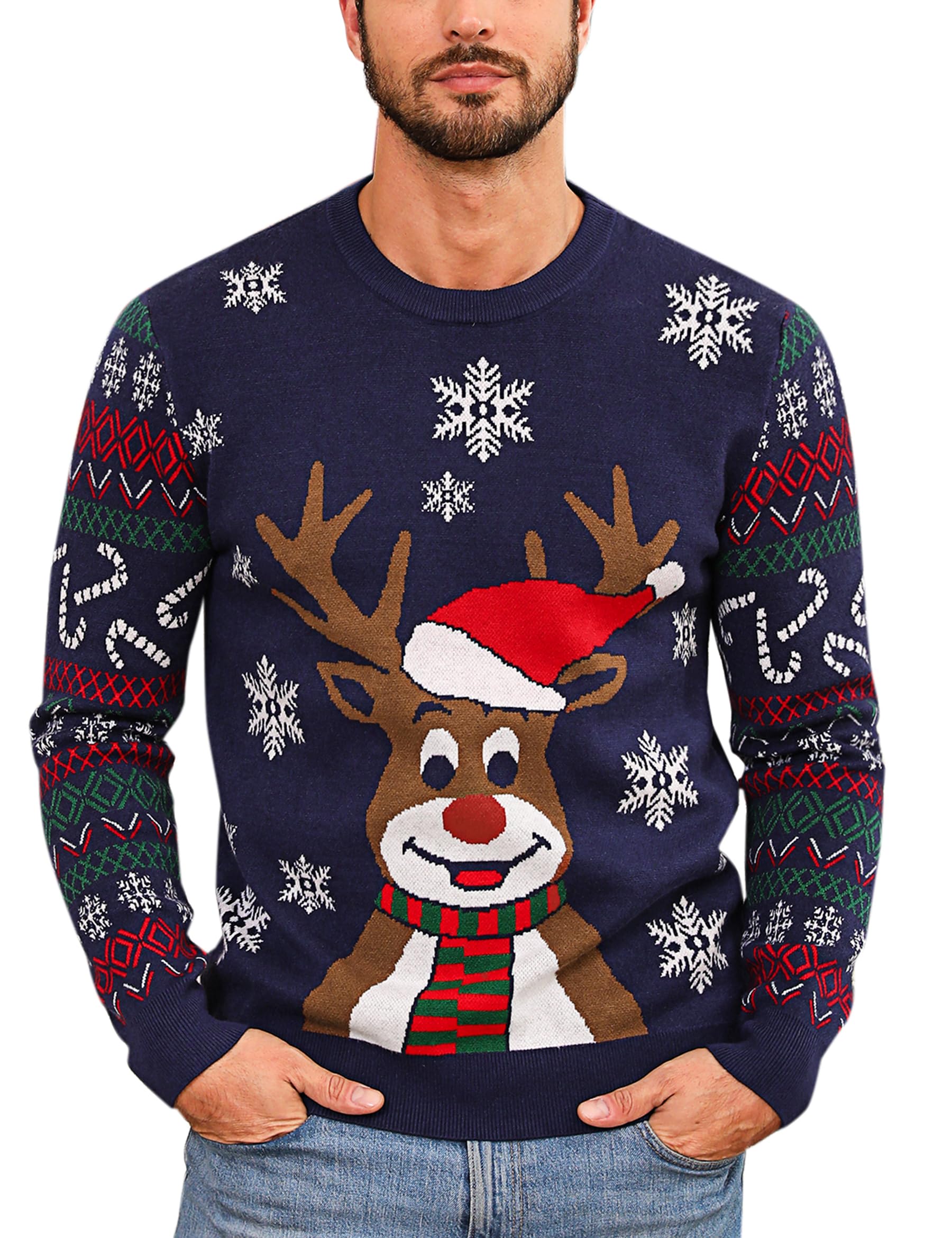 Marvmys Herren Weihnachtspullover Hässlicher Weihnachtspulli Christmas Sweater Schneeflocken Elch Stricken Herrenpullover mit Rundhalsausschnitt und Langen Ärmeln für Herren Weihnachtsparty XL A-navy Blau Angebot bei HelloDeals