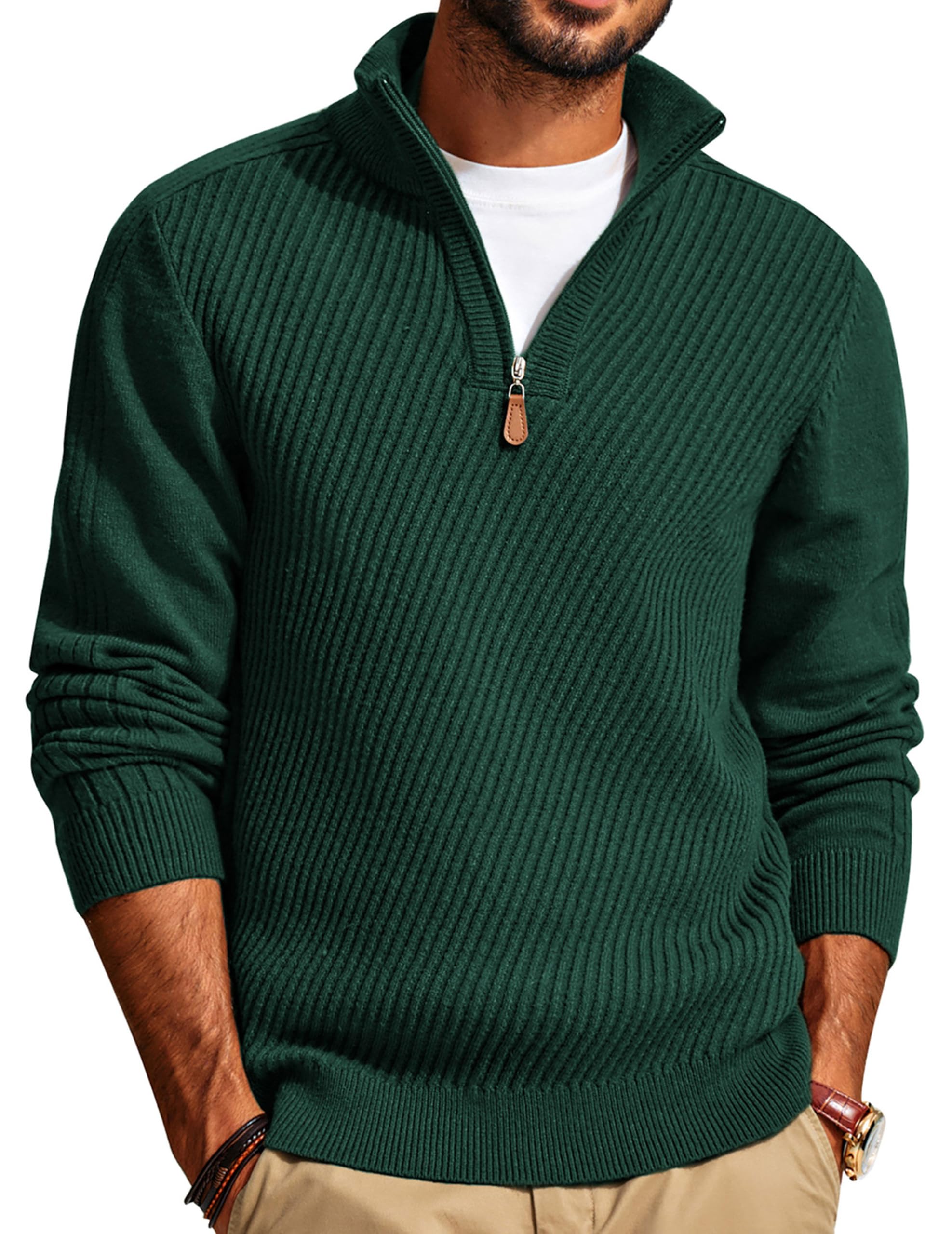 PJ PAUL JONES Herren Rollkragenpullover 1/4 Zip Troyer Pullover Langarm Strickpullover mit Turtleneck Sweater Pulli Winterpullover XL Dunkelgrün Angebot bei HelloDeals