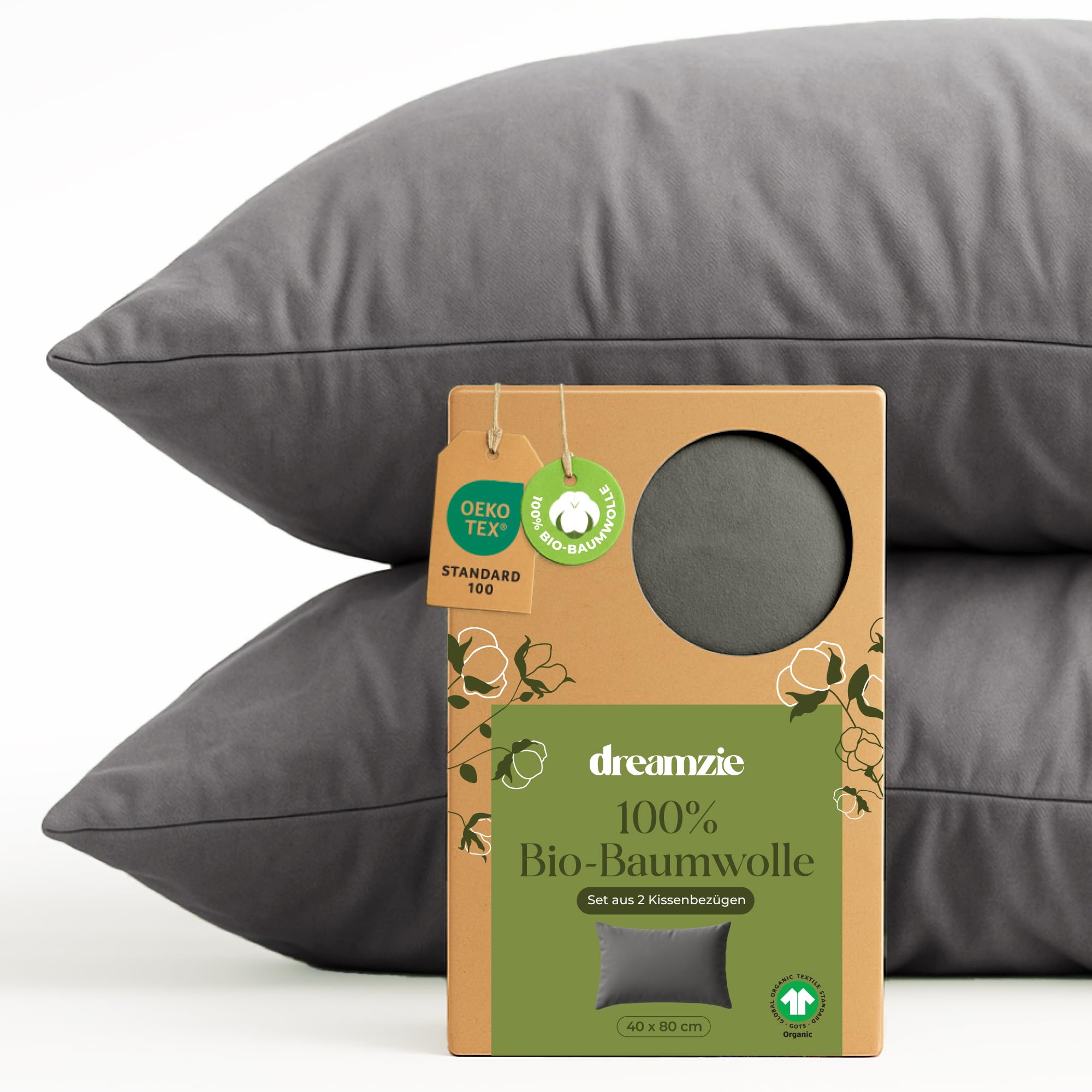 Dreamzie - 100% Bio-Baumwolle - Kissenbezug 40x80 cm Baumwolle - 2er Set - Anthrazit - Kissenbezug mit Reißverschluss - Oeko-Tex 40 x 80 cm Anthrazit Angebot bei HelloDeals