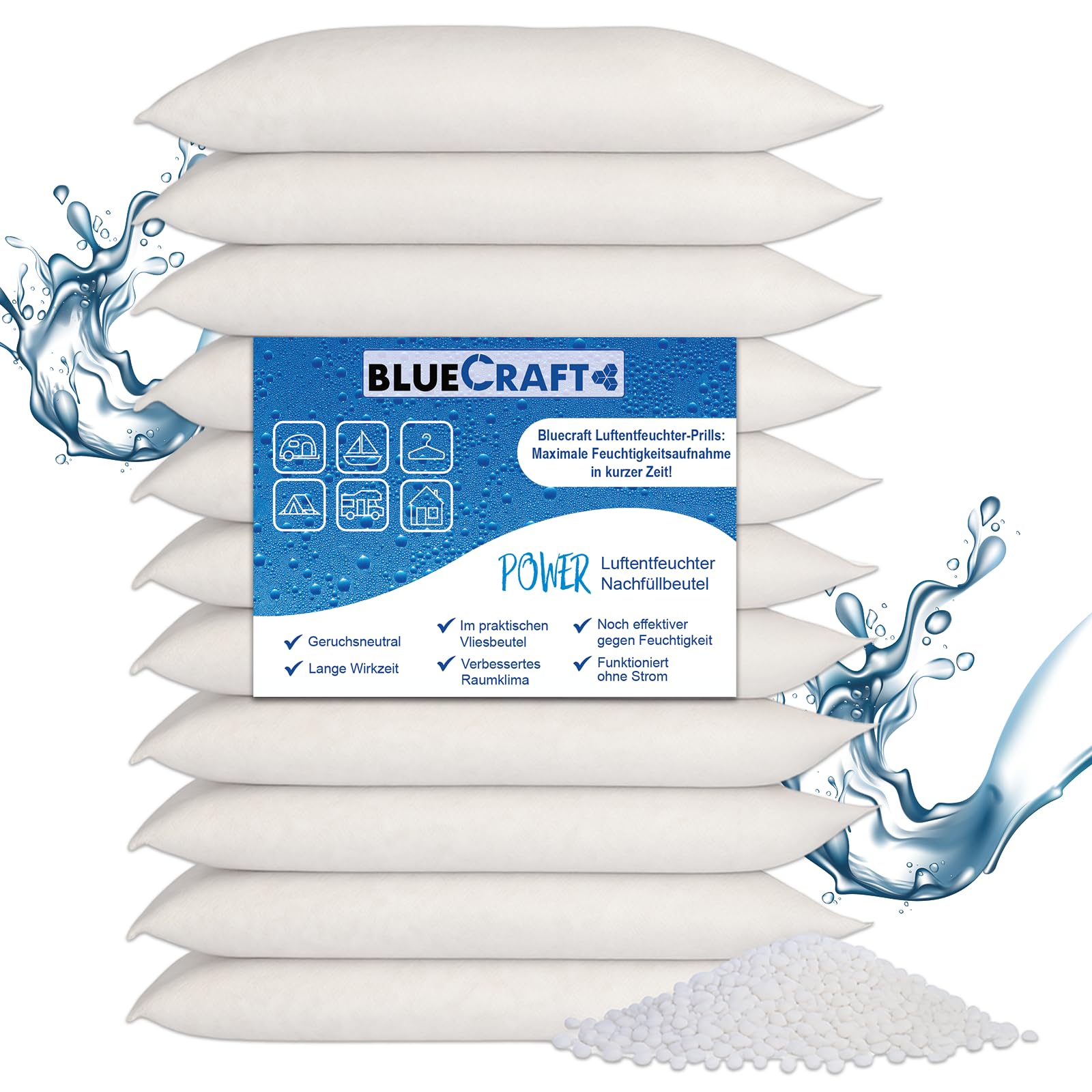 Bluecraft - 10x 1kg PREMIUM Luft-Entfeuchter Nachfüllpack Calciumchlorid Prills im Vliesbeutel | Effektiv & Schnell | Raumentfeuchter ohne Strom | Feuchtigkeitskiller Angebot bei HelloDeals