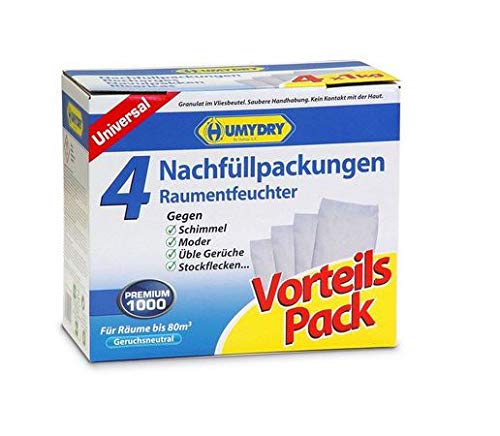 HUMYDRY Nachfüllpack 1 kg – 4er Sparpaket | Raumentfeuchter Nachfüllpack mit hochwirksamem Luftentfeuchter Granulat gegen Feuchtigkeit, Schimmel & schlechte Gerüche Angebot bei HelloDeals