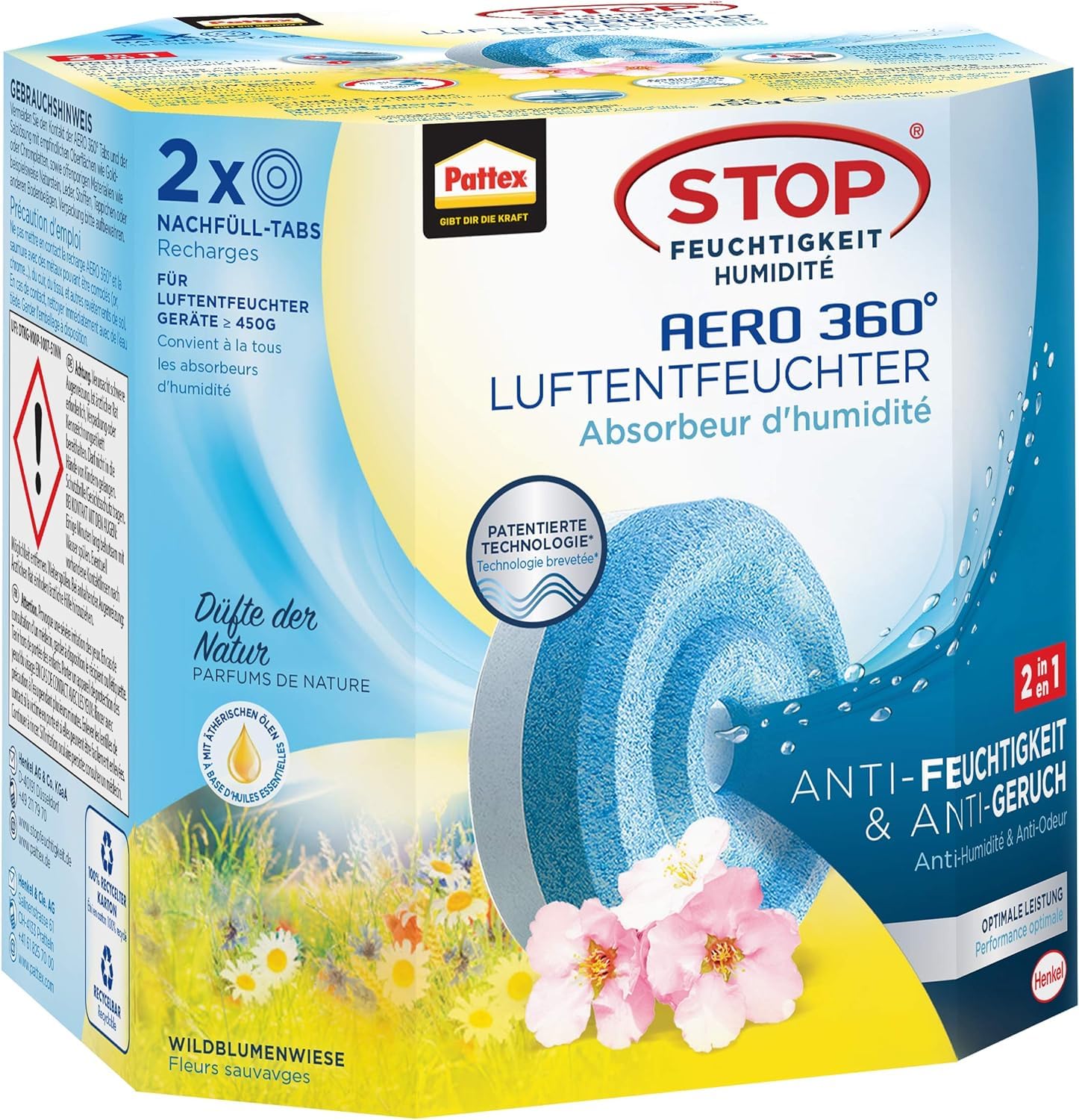 Pattex AERO 360° Wildblumenwiese Tabs Nachfüllpack, reduzieren Feuchtigkeit und schlechte Gerüche, Nachfülltabs für den Luftentfeuchter AERO 360°, 2er-Pack (2x450g) Wildblumenwiese 2 x 450g Angebot bei HelloDeals