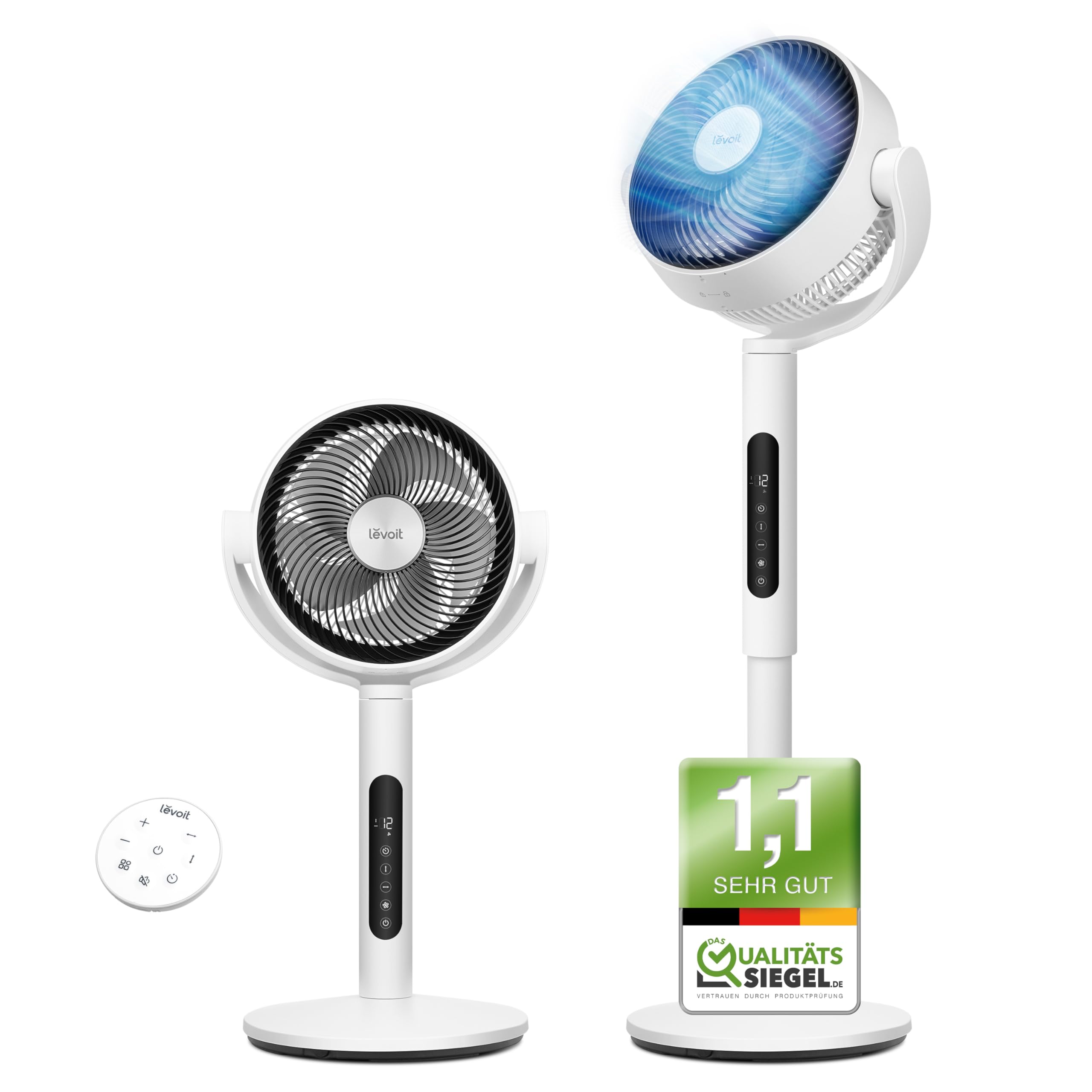 Levoit DC Motor Standventilator, 20dB sehr leiser Ventilator, 30m Wurfweite, 2465m³/h Luftvolumen, Fan mit Fernbedienung & Kühlung, 2 in 1 Höhenverstellbar, 4 Modi/12 Stufen/12 Std Timer Angebot bei HelloDeals