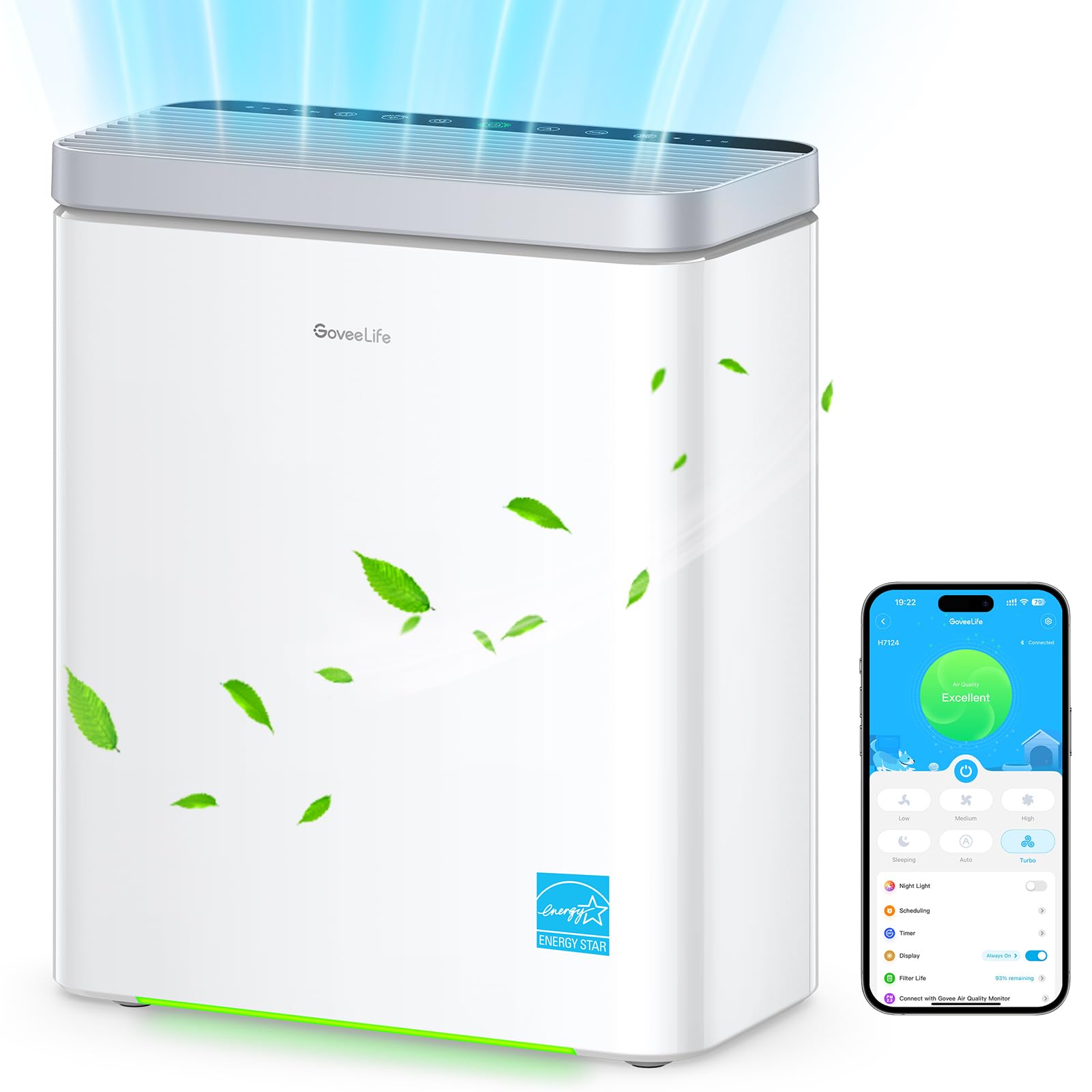 GoveeLife Smart Luftreiniger für große Räume bis 97 m², PM2.5-Monitor, HEPA-Schlafmodus, 3-in-1 Luftreinigungsfilter mit App- und Alexa- Steuerung für Tierhaare, Pollen, Perfekt für Allergiker Angebot bei HelloDeals