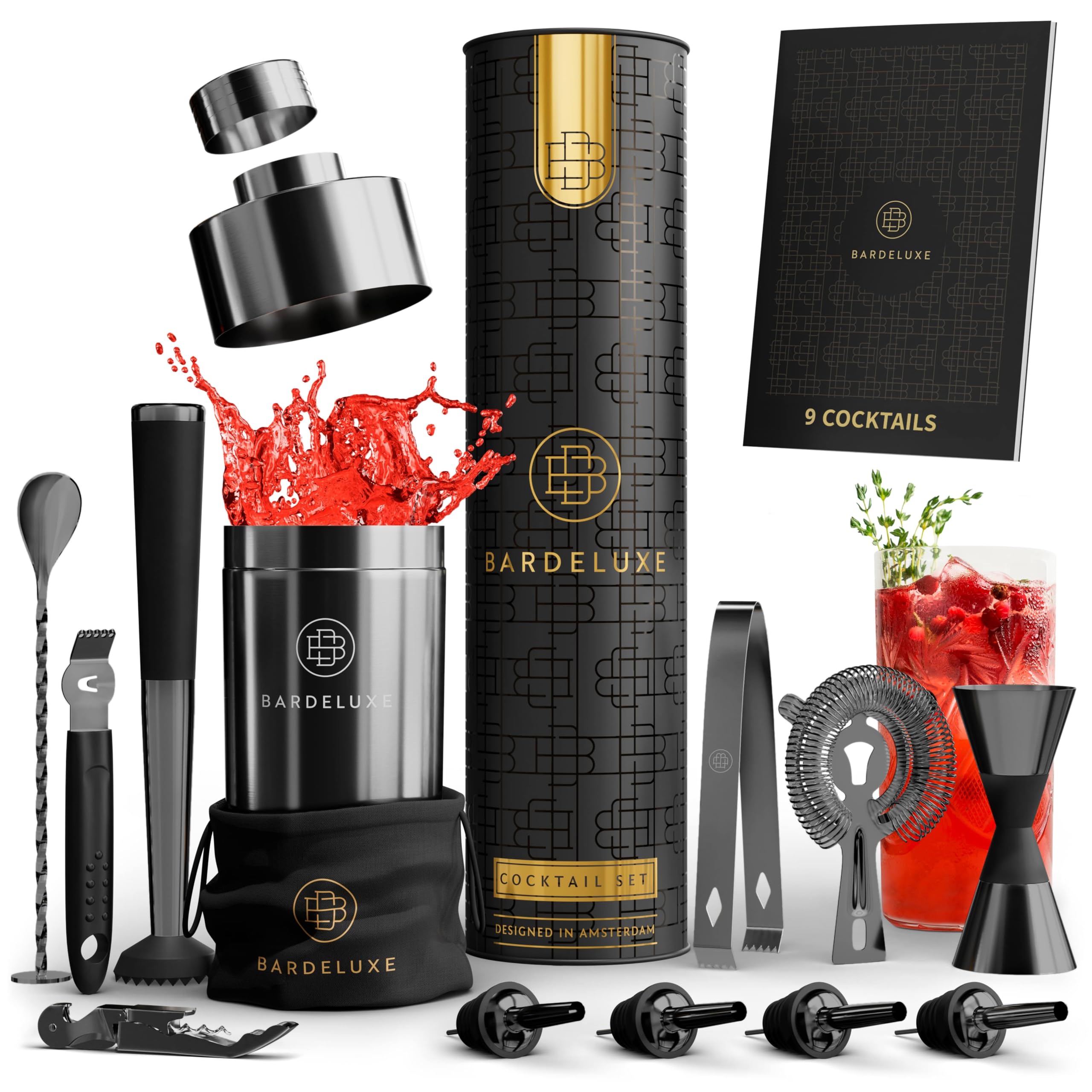 BarDeluxe® Cocktail Set 12-teilig, Barkeeper Set, Cocktail Mixer Set | 750ml Cocktailshaker Edelstahl, Cocktail Shaker Set, Bartender Set | Luxus Cocktail Geschenkset Metallic Schwarz Angebot bei HelloDeals