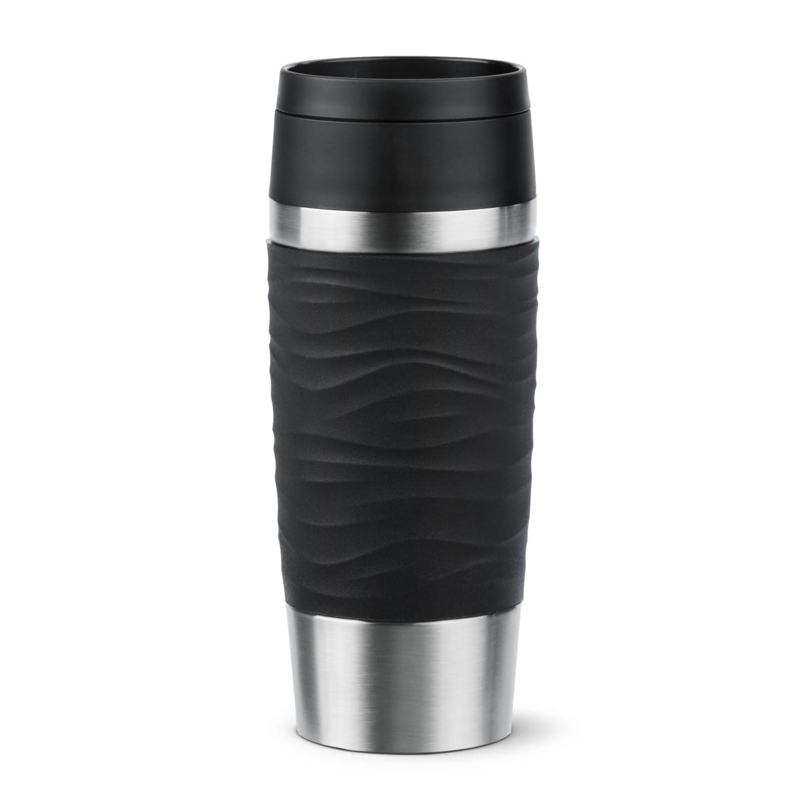 Emsa Travel Mug 360ml Wave Thermobecher, neuer Komfort-Schraubverschluss, Isolierbecher Edelstahl, 4h heiß und 8h kalt, 100% dicht, spülmaschinenfest, 360°-Trinköffnung, schwarz, N20212 Neu (Komfort-Schraubverschluss) no stil Schwarz Angebot bei HelloDeals