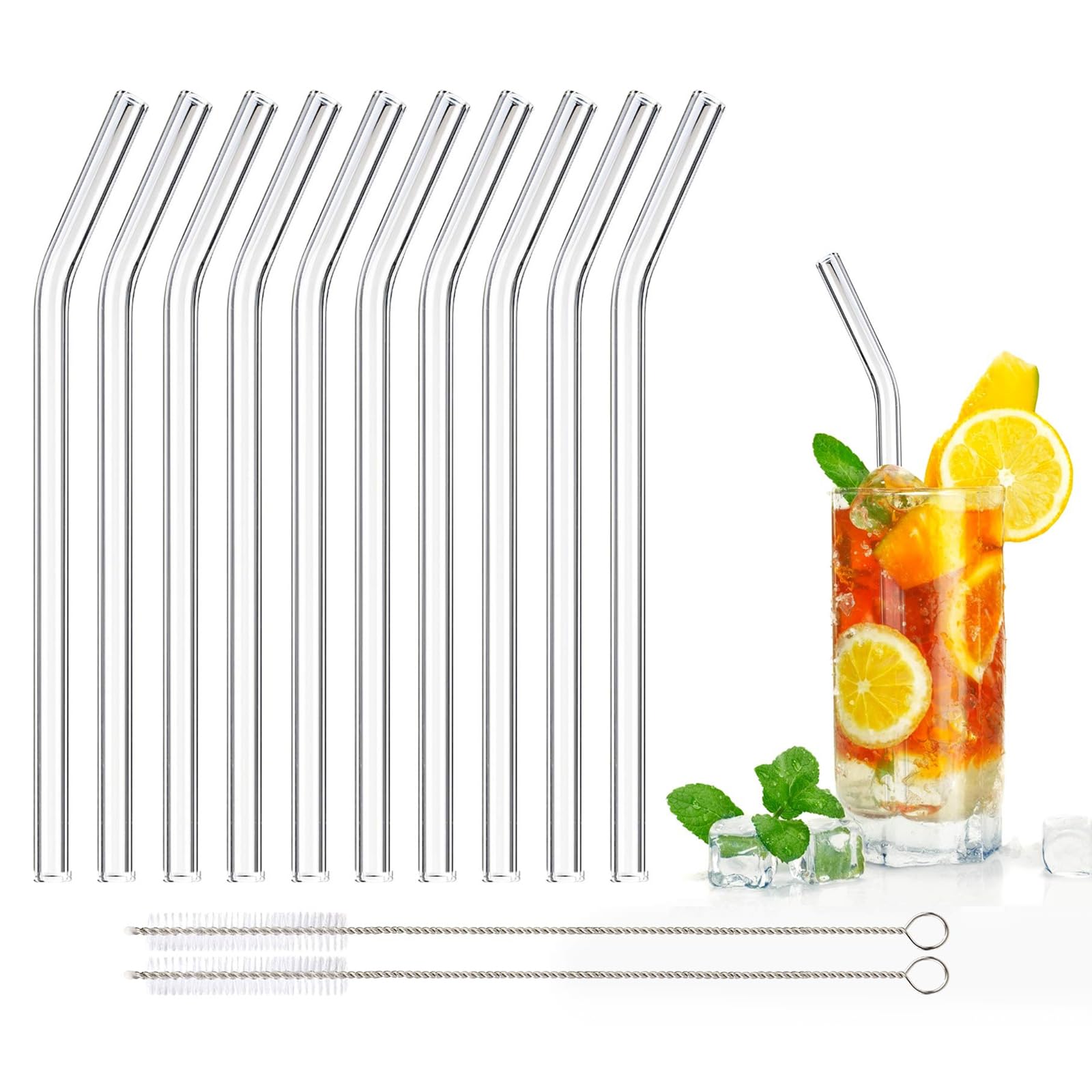 DONQL 10 Stück Glasstrohhalme Glas Wiederverwendbar Trinkhalme Qualität Trinkhalme aus Glas mit 2 Reinigungsbürsten Länge 20cm Perfekt für alle Getränke Milch (Gebogen) Angebot bei HelloDeals