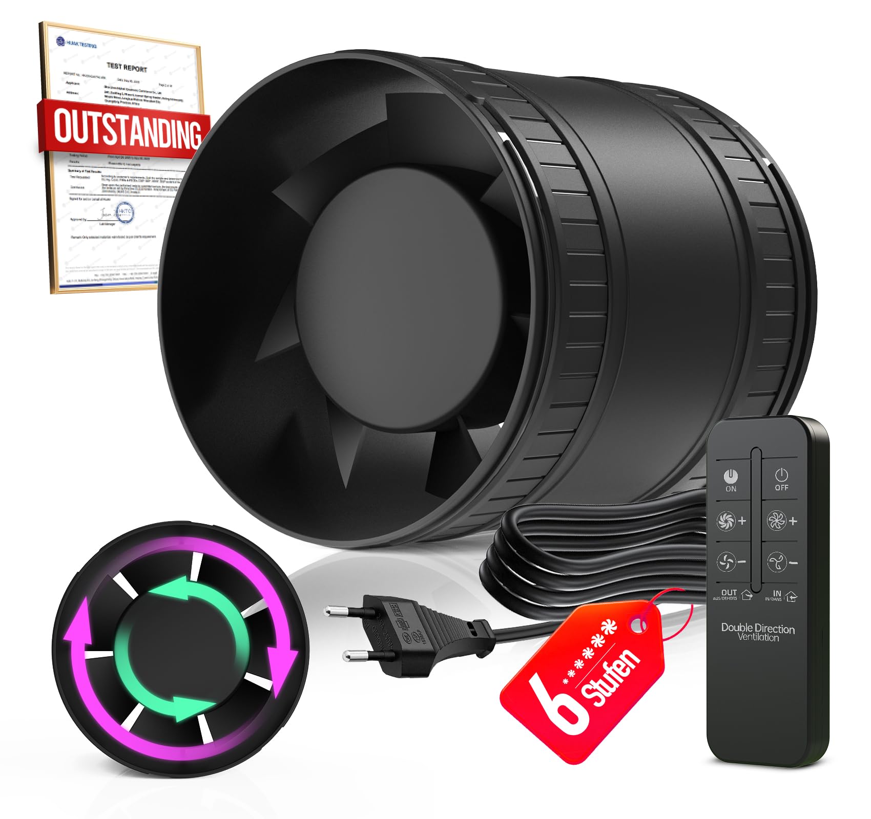 Bidirektionaler Rohrventilator 100mm mit 6 Stufen, Fernbedienung – Leistungsstarker Leise Rohrlüfter mit Überhitzungsschutz, Inline Abluftventilator, Kanalventilator für Bad WC Gewächshaus Zelt Bidirektional mit Fernbedienung 100mm Rohrventilator Angebot bei HelloDeals