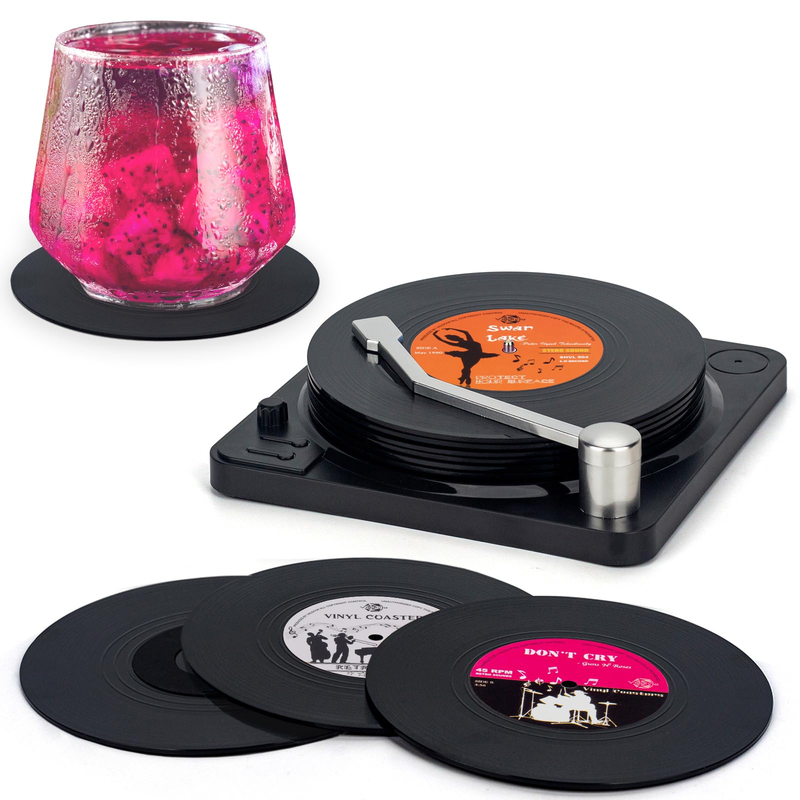 Untersetzer Gläser, Valdivia Design Retro Vinyl Schallplatte Untersetzer mit Basis und einzigartige Etiketten, Getränkeuntersetzer 6er Set mit Geschenk Box, für Bars, Cafés, Haus, Party, Büro Classic Angebot bei HelloDeals