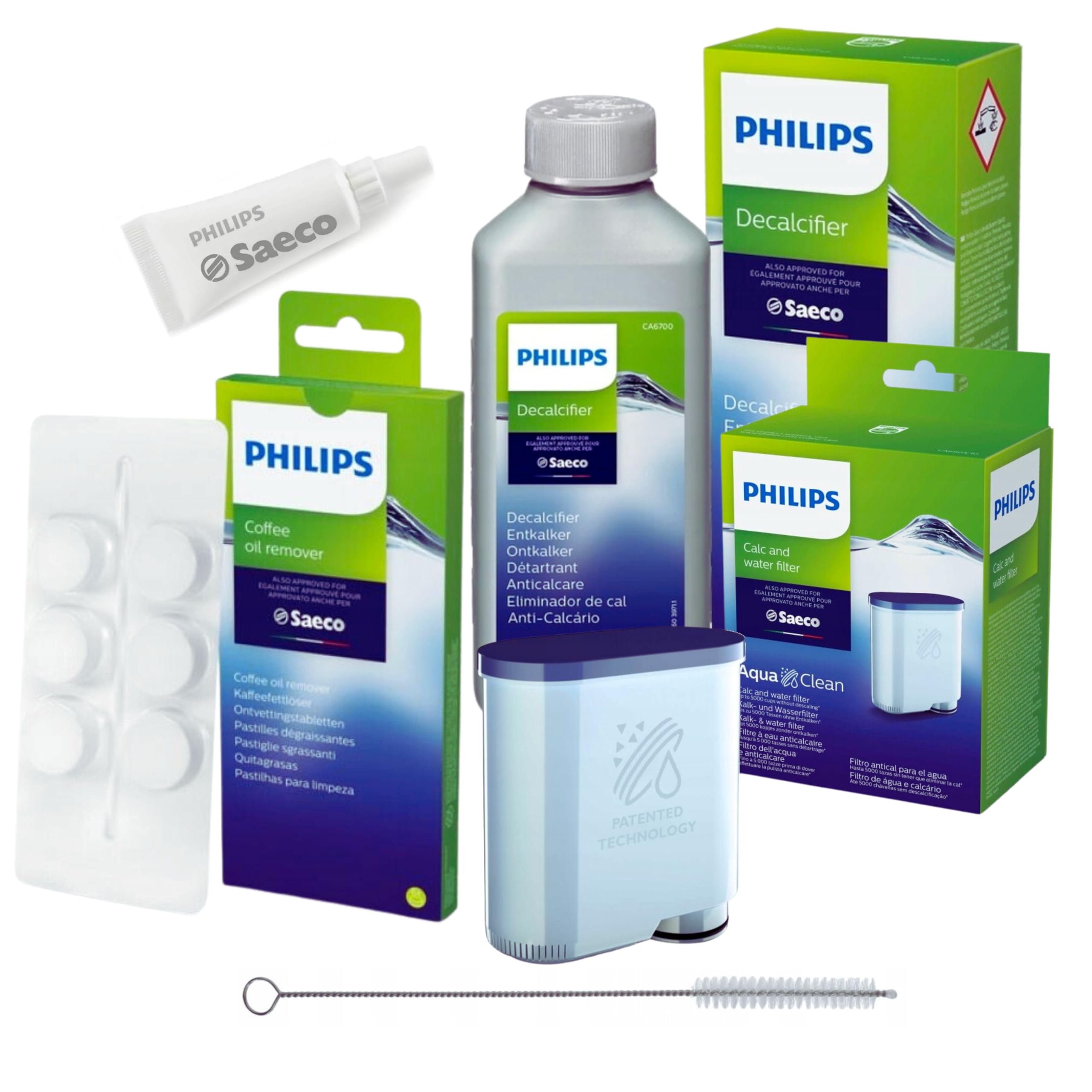Philips AquaClean Rundum-Pflegeset für Kaffeevollautomaten (enthält Wasserfilter CA6903), Entkalker 250 ml, Schmierfett HD5061, Kaffeefettlöser CA6704/10 (6 Tabletten), Reinigungsbürste Seltino Angebot bei HelloDeals