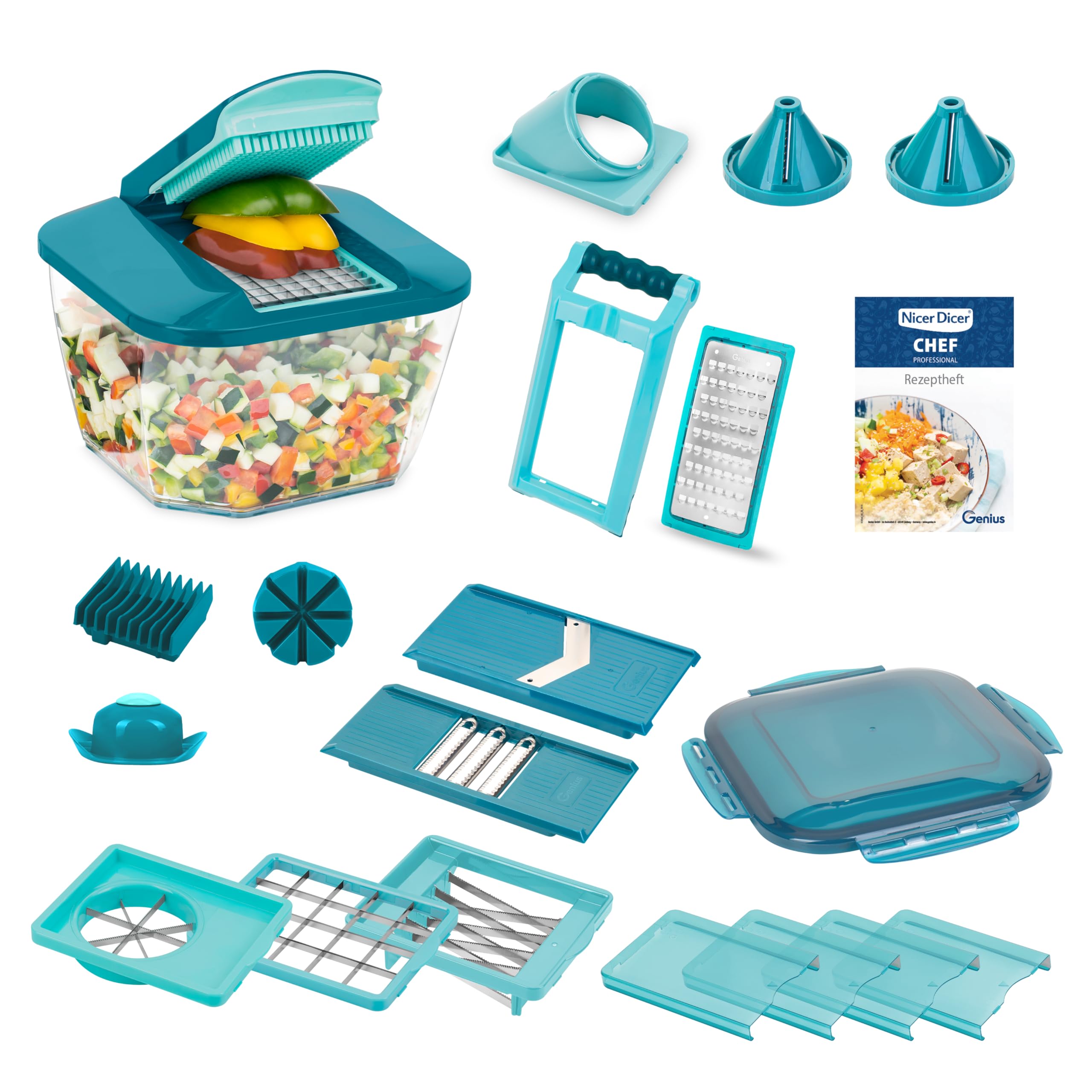 Nicer Dicer Chef Professional Gemüsescheider 23-tlg. Gemüsehobel manuell mit 5.2L großem Auffangbehälter Frischhaltedeckel, Spiraleinsätze, Tomatenschneider, Julienne, Salatschneider mit Rezeptbuch Angebot bei HelloDeals