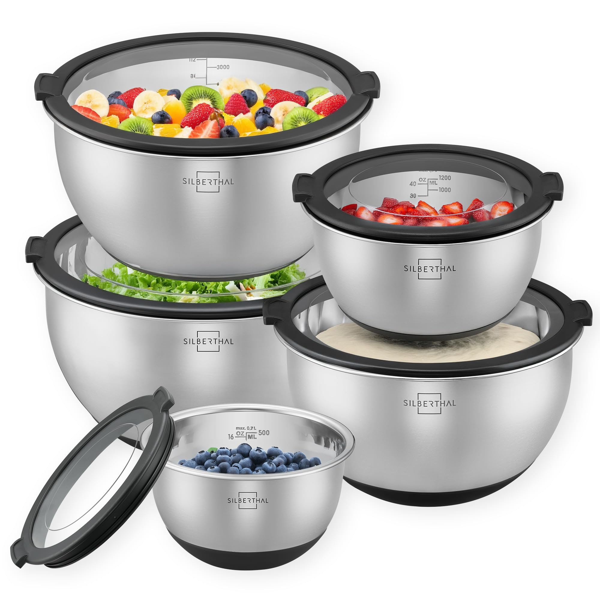 SILBERTHAL Edelstahl Schüssel 5er Set mit Deckel - Rührschüsseln zum Servieren, Kochen, Backen, Aufbewahren - Rutschfester Boden - 5 Stück Angebot bei HelloDeals
