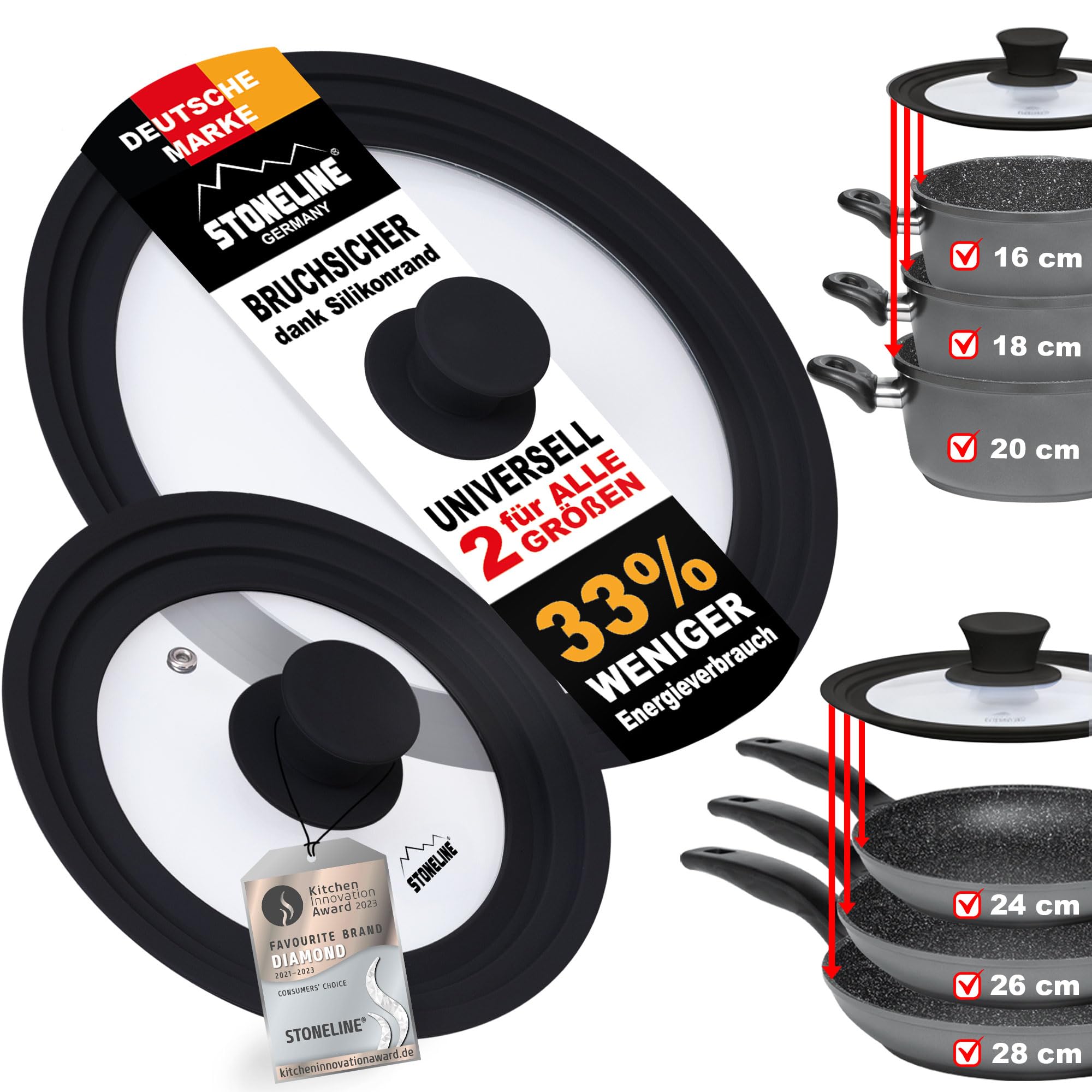 STONELINE 3 in 1 Universaldeckel Set 2-teilig für Töpfe Pfannen mit 16/18/20 cm und 24/26/28 Universal Glasdeckel mit abgestuftem Silikonrand Platinsilikon, Schwarz Schwarz 16-20 + 24-28 cm Angebot bei HelloDeals