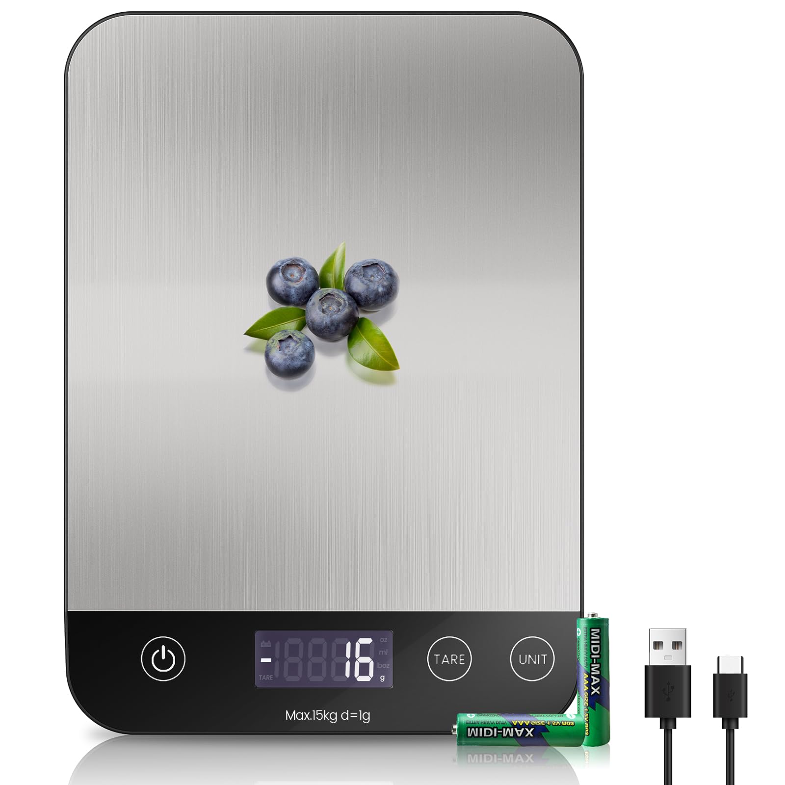 Wiederaufladbar Digitale Küchenwaage, USB C Elektronik Küchenwaage, 15 kg Hochpräzise 1g/0.1oz Lebensmittelwaage, Professionell mit harter Funktion, Batterien enthalten silbergrau（15kg+AAA+usb c） Angebot bei HelloDeals