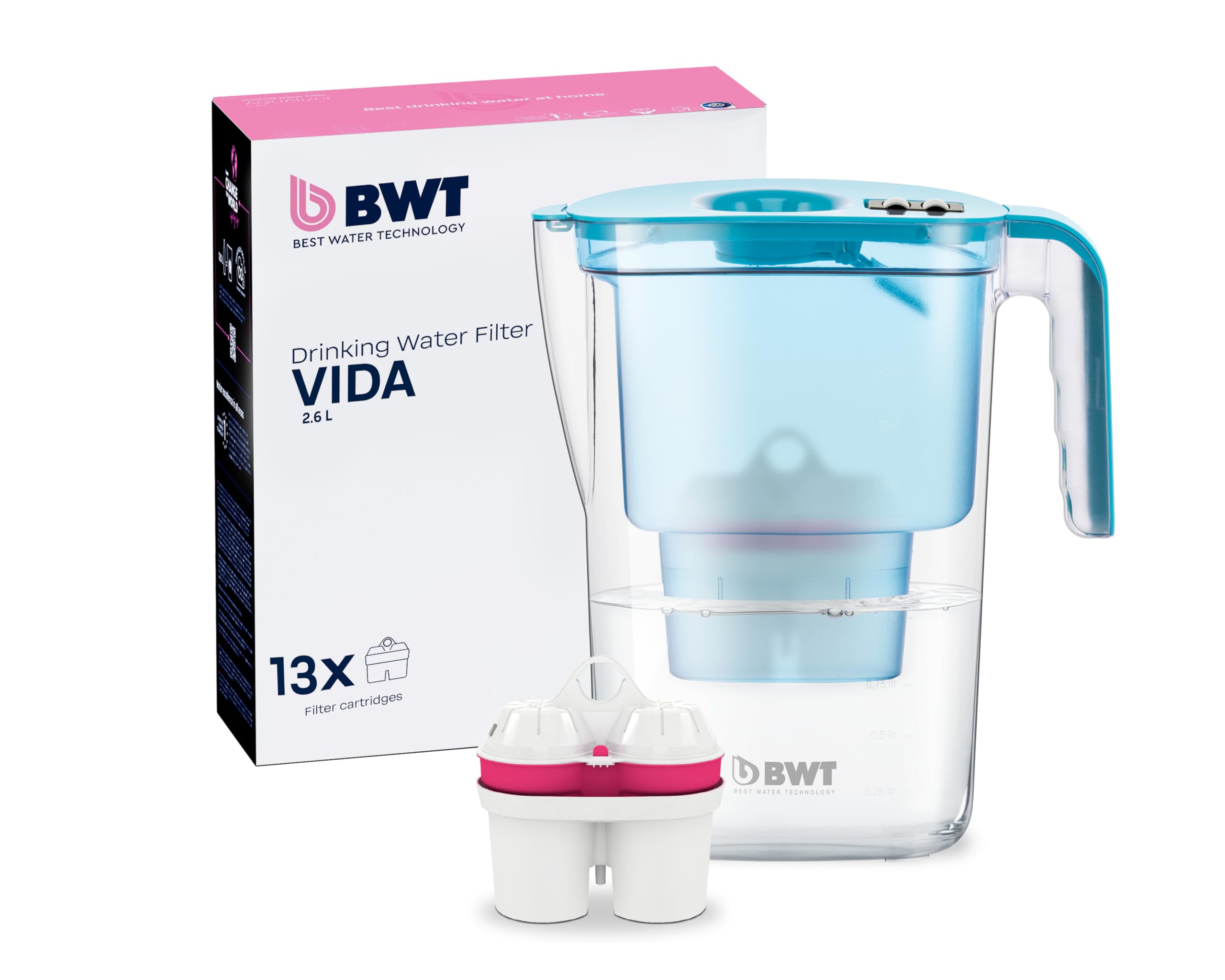 BWT Wasserfilter VIDA Petrol 2,6L inkl. 13 Magnesium Filterkartuschen | Jahrespaket | Wasserfilter Trinkwasser | Für Speisen & Getränke | Filtert Kalk, Chlor, Blei & Kupfer | Wasser Filter Angebot bei HelloDeals