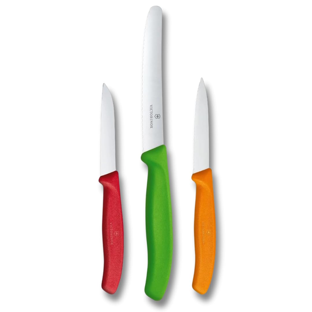 Victorinox Swiss Classic, Küchenmesser Set, 3teilig, Gemüse-, Tomaten- und Frühstücksmesser, Robuster Kunststoffgriff, Rostfreier Stahl, Farbig Rot, Grün, Orange Angebot bei HelloDeals