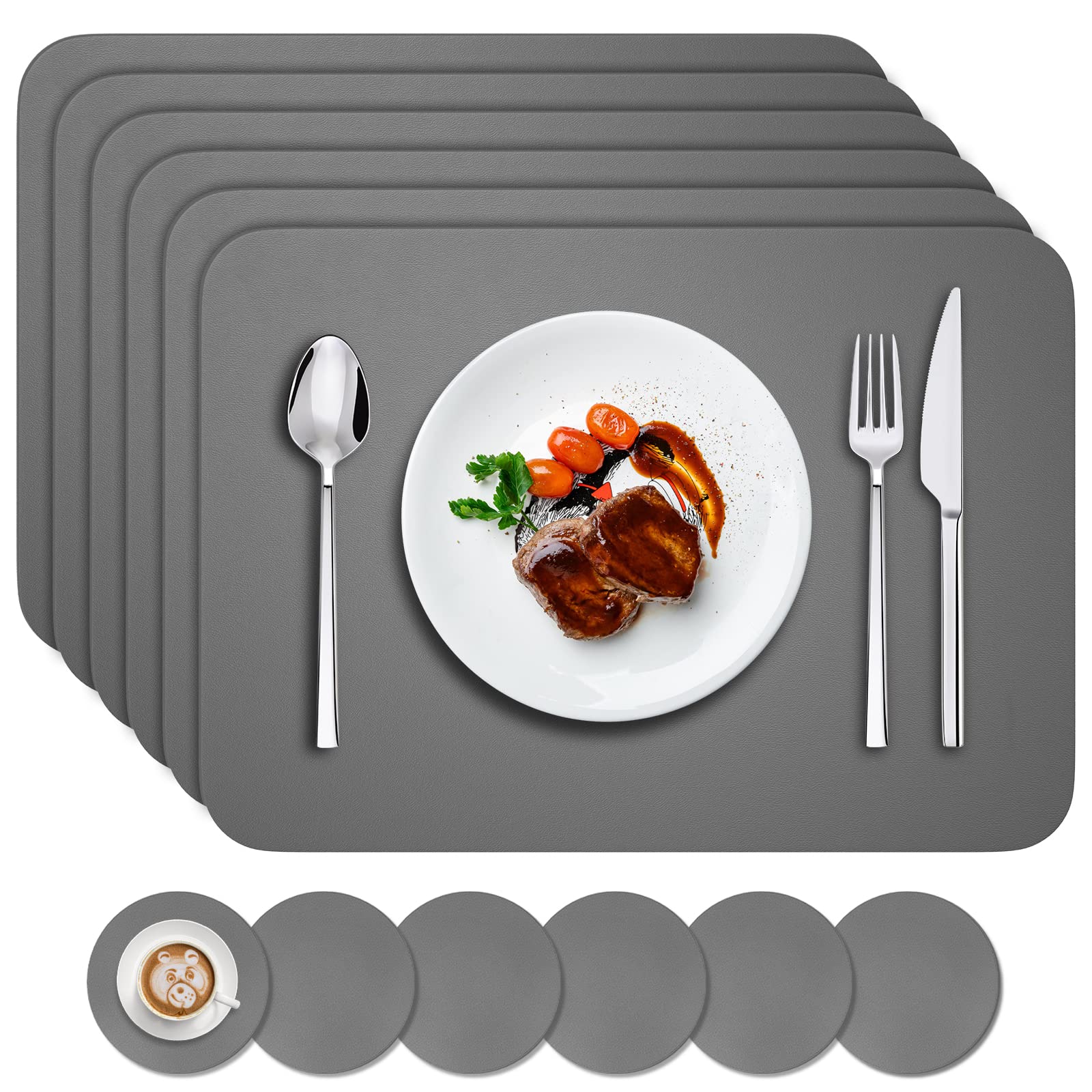 6er Set Tischsets Abwaschbar,Abwischbar Lederoptik Platzset und Untersetzer,Wasserdicht PVC Platzdeckchen Tischset für Hause Küche Restaurant und Hotel,41x31cm,Dunkelgrau Angebot bei HelloDeals
