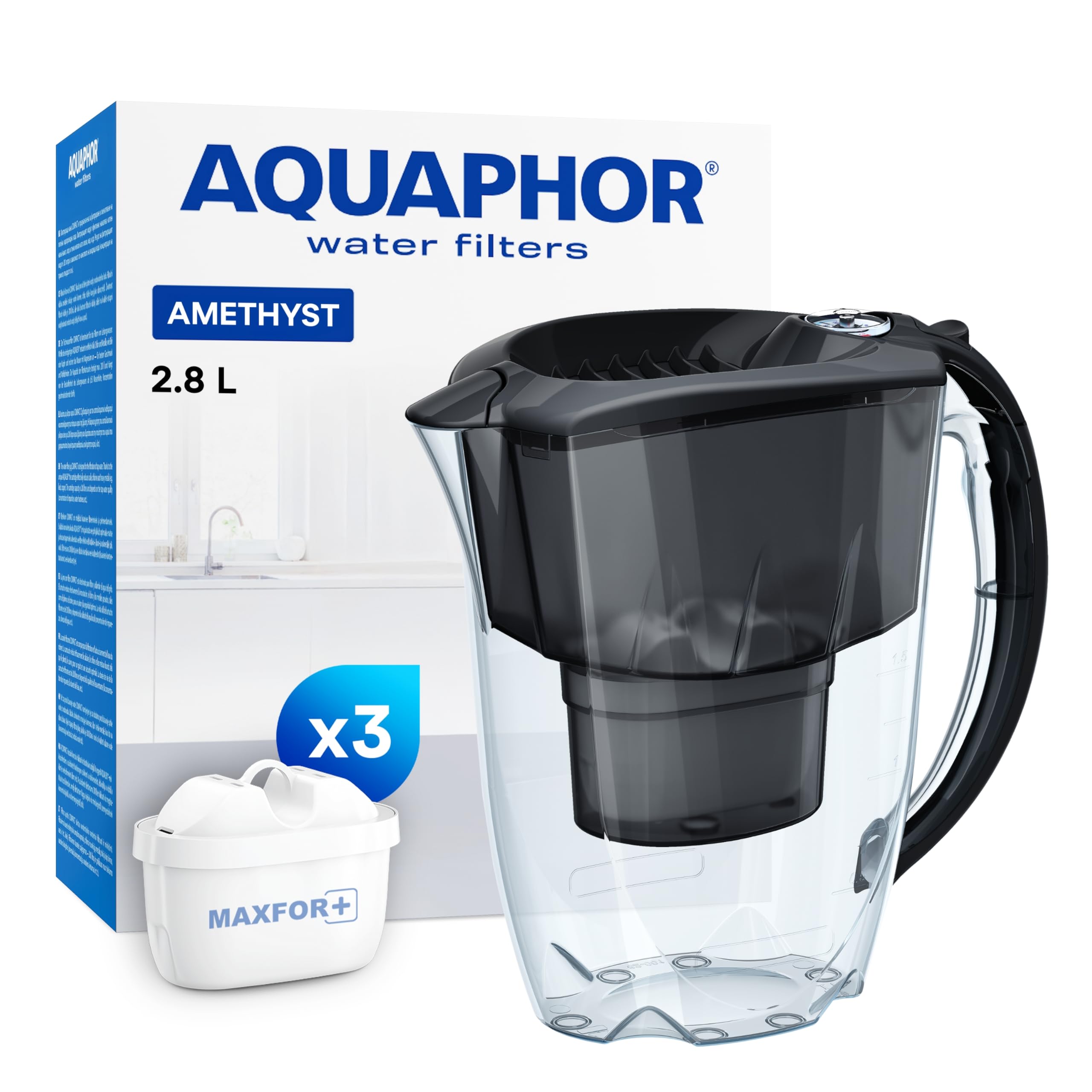 Aquaphor Amethyst Filterkanne - Trinkwasserkanne mit 3 Original-Kartuschen Maxfor Plus, Farbe Schwarz Schwarz inkl. 3 MAXFOR+ Kartuschen Angebot bei HelloDeals