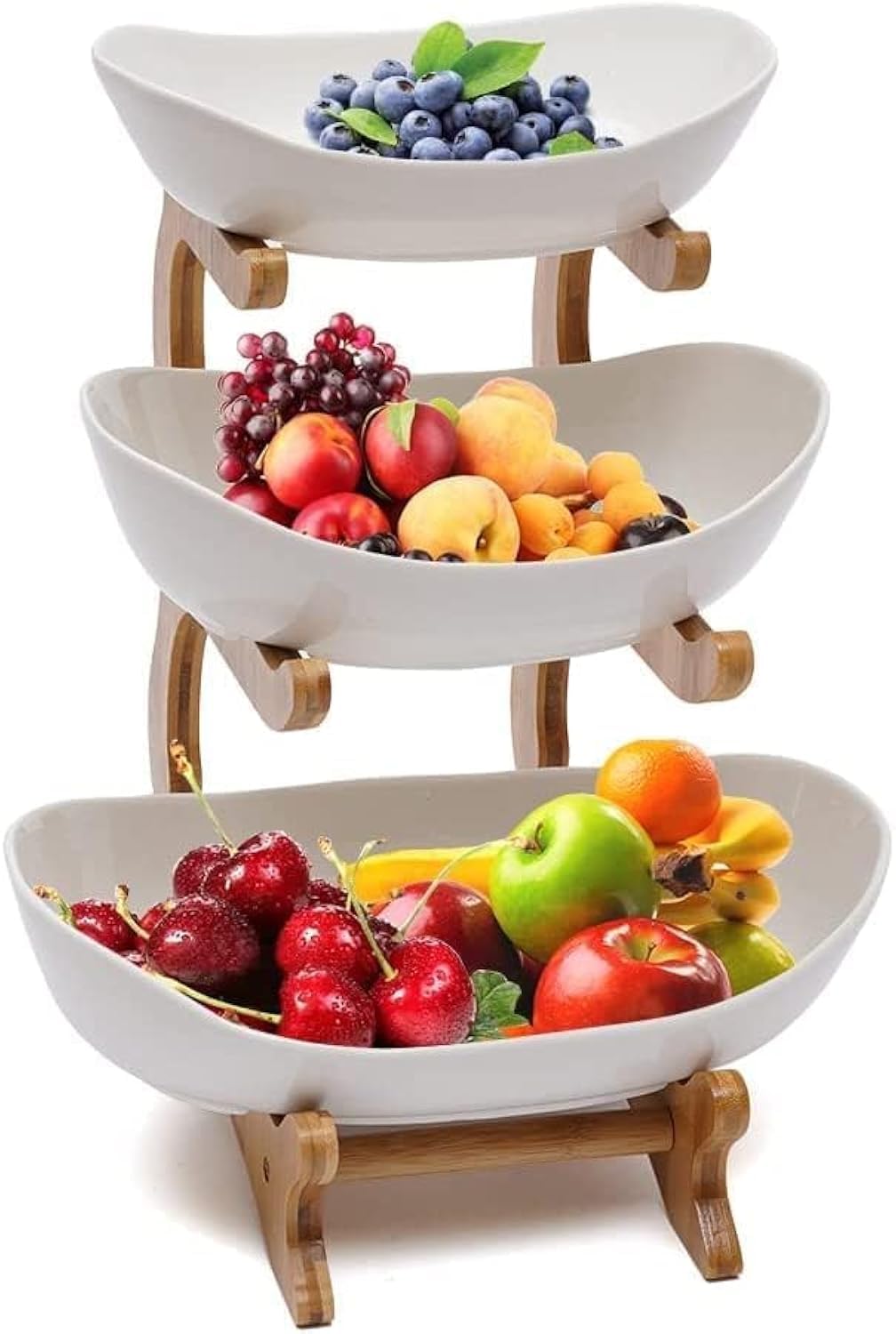 Dreamhigh® Keramik Obst Etagere mit 3 Etagen, Platzsparendes Obstkorb Etagere für die Familie, Stabil Und Ohne zu Zittern, Obstschale Modern mit Natürlichem Bambus Steher, für Gemüse, Obst, Snacks Angebot bei HelloDeals