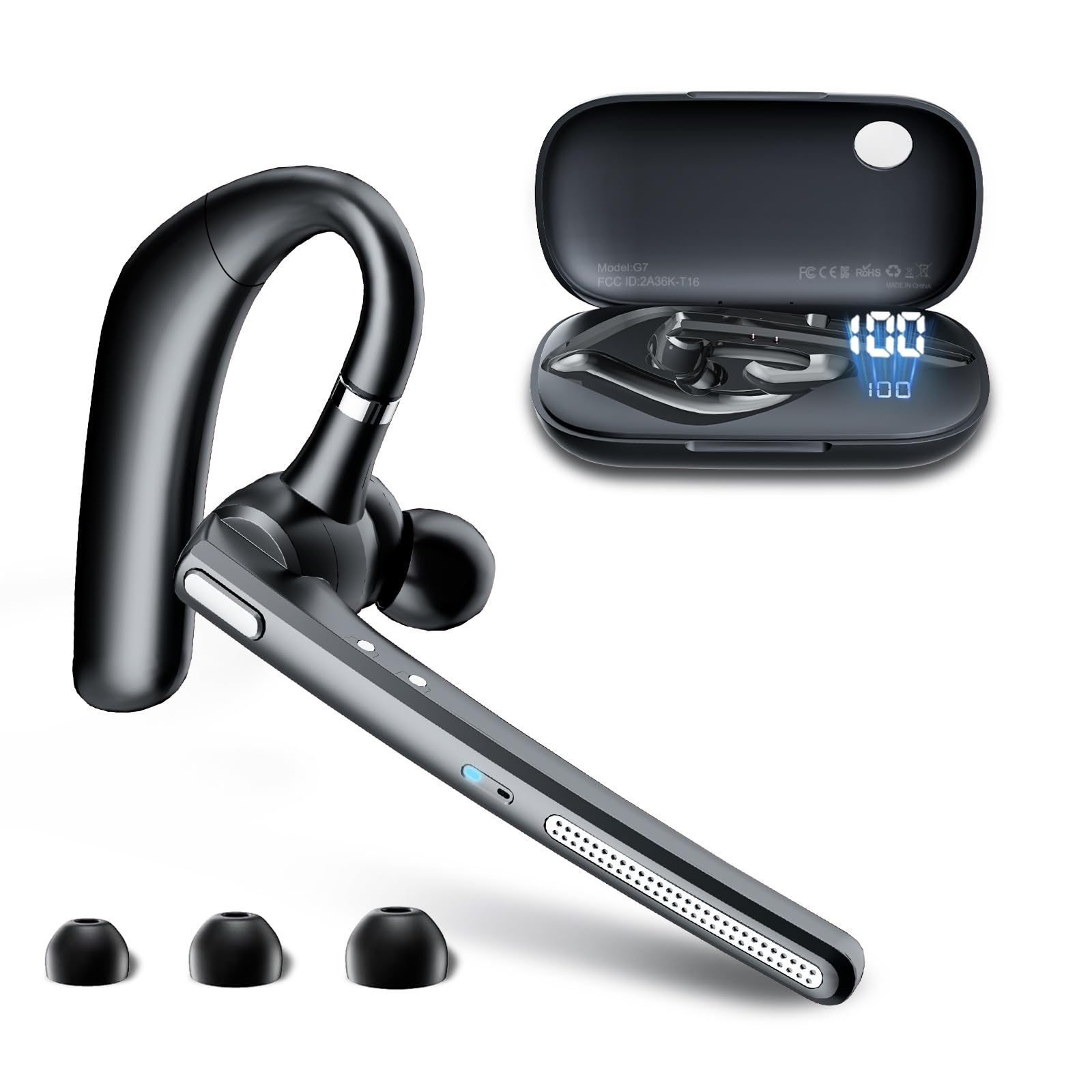 Bluetooth-Headset V5.3, kabelloser Ohrhörer mit 500 mAh Ladehülle, Freisprech-Kopfhörer, Geräuschunterdrückung, Mikrofon für Büro/Fahren/Business,Schwarz Angebot bei HelloDeals