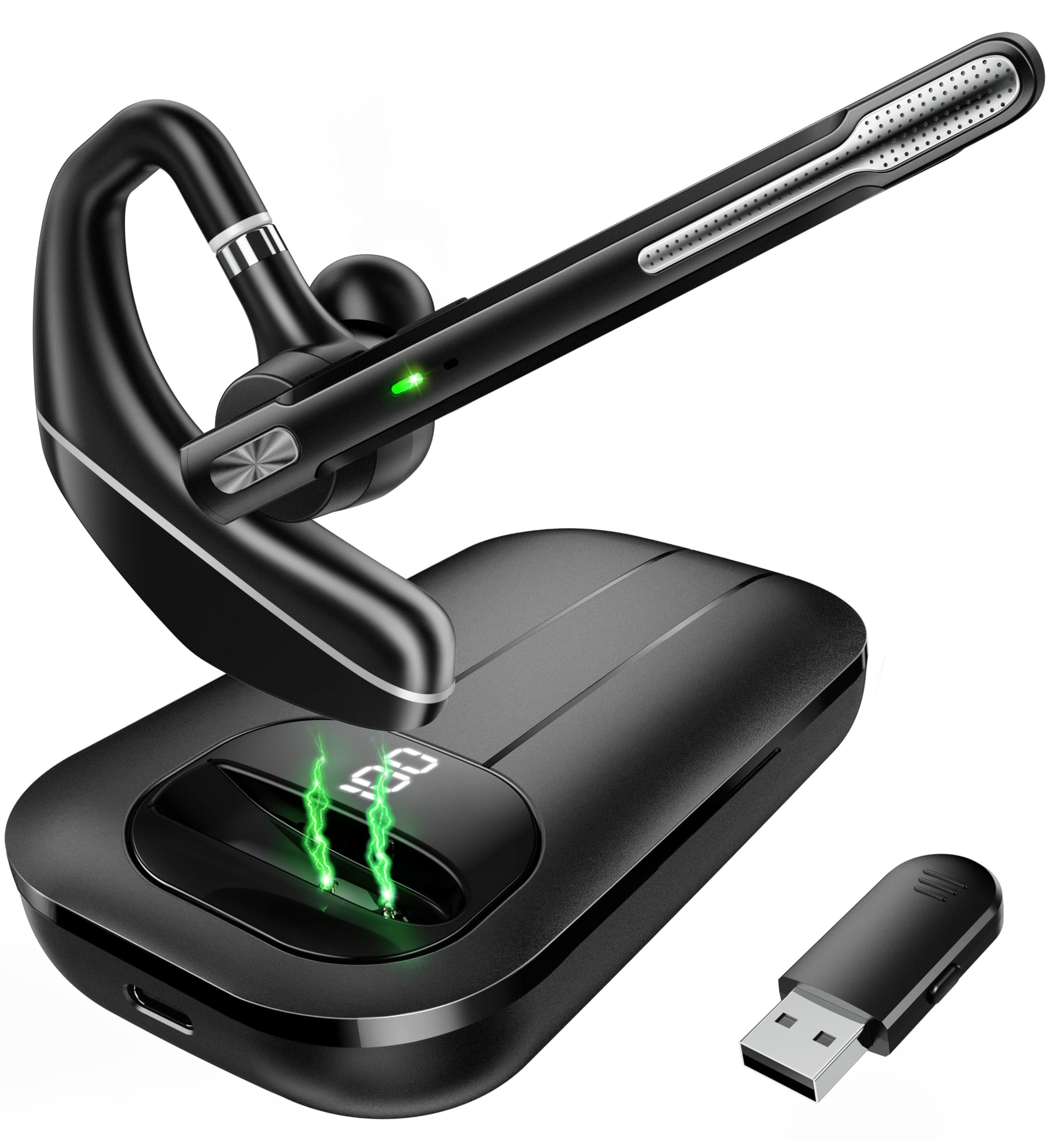 Bluetooth Headset V5.3, kabelloser Ohrhörer mit 1000-mAh-Ladeetui, 96 Stunden Gesprächszeit, freihändige Kopfhörer mit Geräuschunterdrückung und Doppelmikrofon für Computer, Mobiltelefone Angebot bei HelloDeals