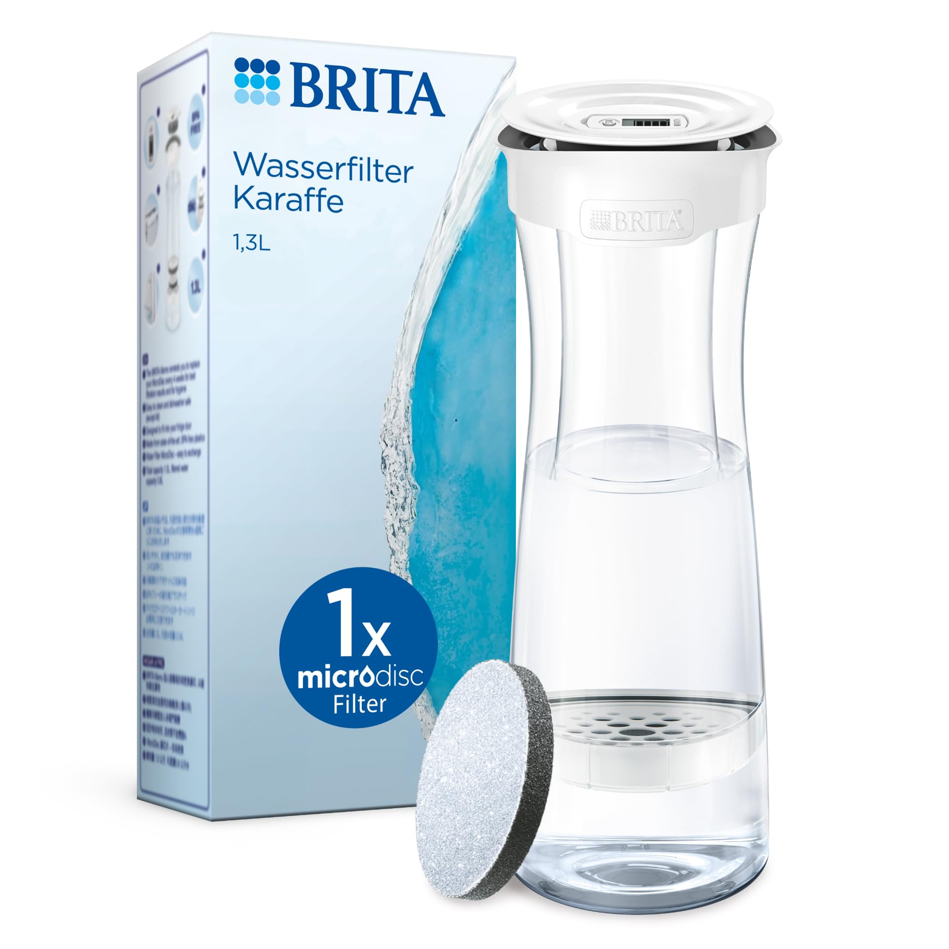 BRITA Wasserfilterkaraffe, weiß (1,3L) inkl. 1 MicroDisc Wasserfilter – stilvolle, nachfüllbare Karaffe für zuhause, passt in die Kühlschranktür, reduziert PFAS, Chlor, Mikropartikel im Leitungswasser Angebot bei HelloDeals