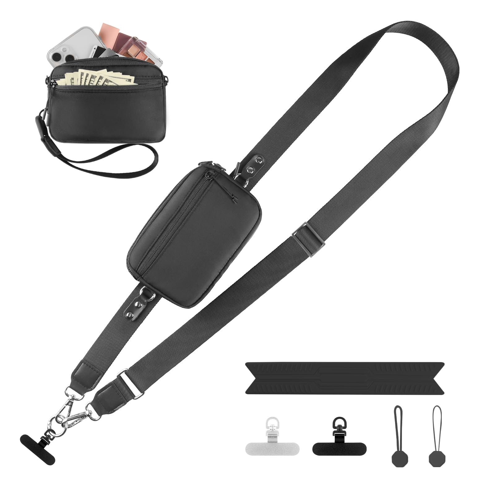 Handy-Gurt mit Geldbörse Crossbody | Abnehmbare RFID Blocking Armband Geldbörse | Universal Handy Lanyard mit 360° Drehbaren Clips für alle Smartphones (Schwarz) Schwarz M Angebot bei HelloDeals