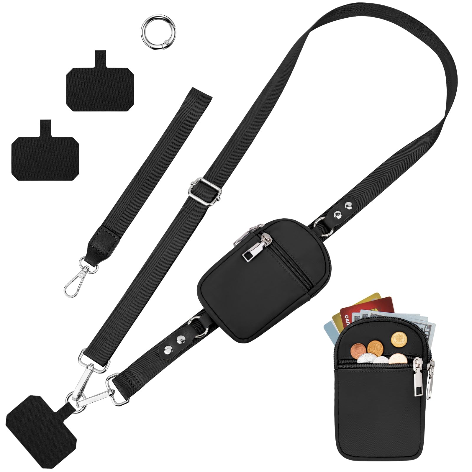 Handyband zum Umhängen Einstellbar Handykette Universal Handy Band für Handyhülle Breit Phone Lanyard mit 2 Patches, 1 Stück Halsband, 1kurz handgelenk, 1abnehmbar Tasche Schwarz Angebot bei HelloDeals