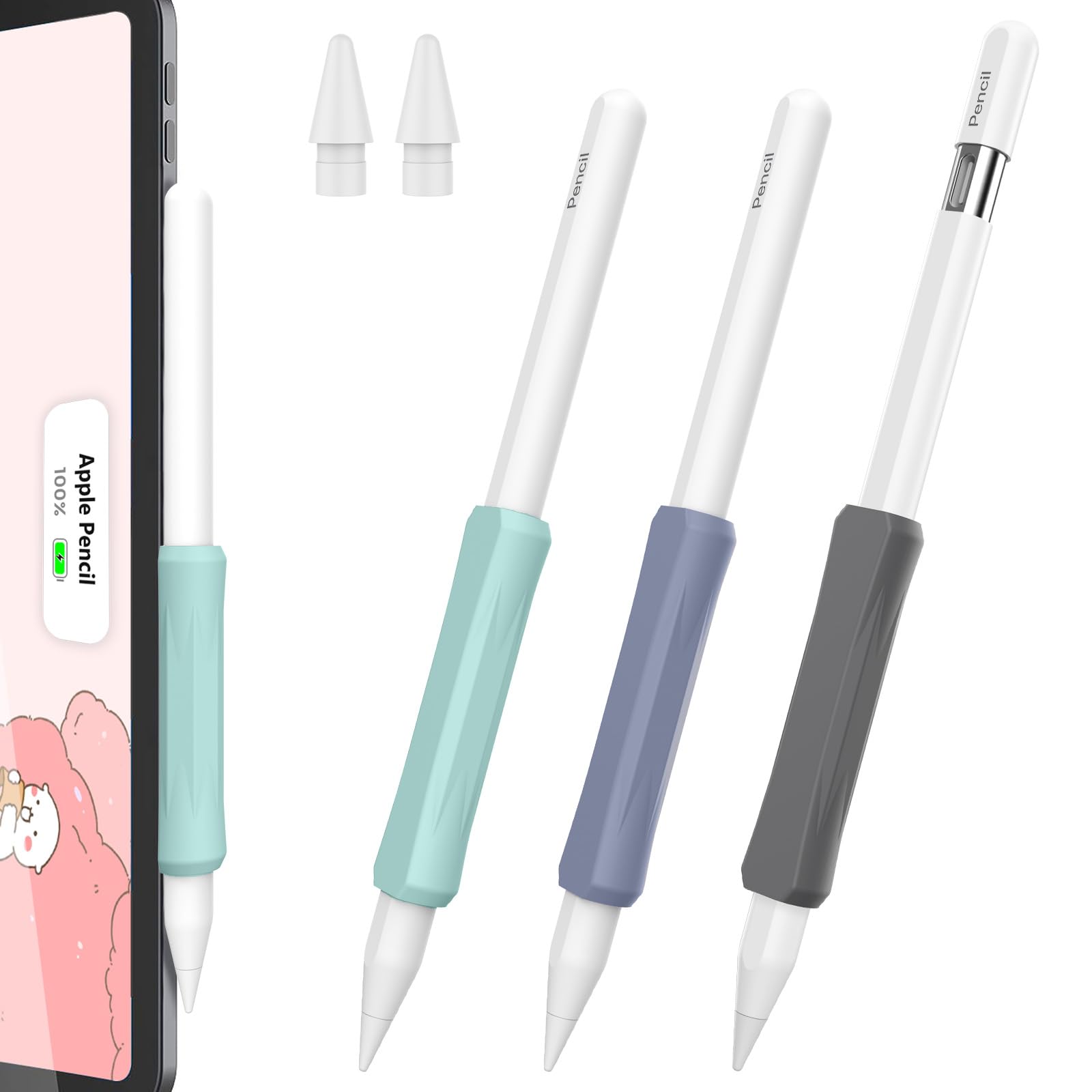 Delidigi 3 Stück Apple Pencil Griff und 2 Stück Ersatzspitzen Silikon Halter Ergonomisches Schutzhülle Ärmelzubehör Kompatibel mit Apple Pencil 2. Generation/Apple Pencil Pro/USB C Lavendelgrau+Dunkles Himmelsgrau+Edelsteingrün Angebot bei HelloDeals