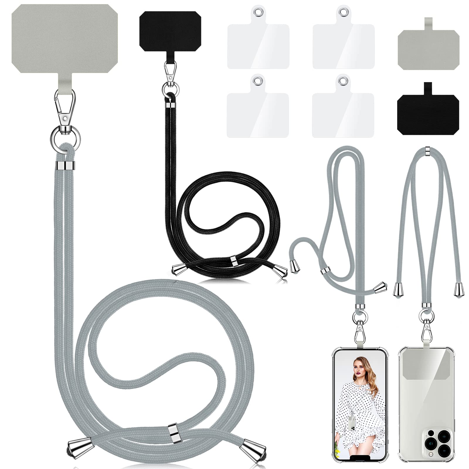 2 Stück Handykette Universal, Unisex Einstellbares Handyband zum Umhängen, Handyschnur Schlüsselband mit 6 Pad Kompatibel mit Alle Smartphone, Handyhülle Kette Lanyard (Schwarz + Hellgrau) Angebot bei HelloDeals