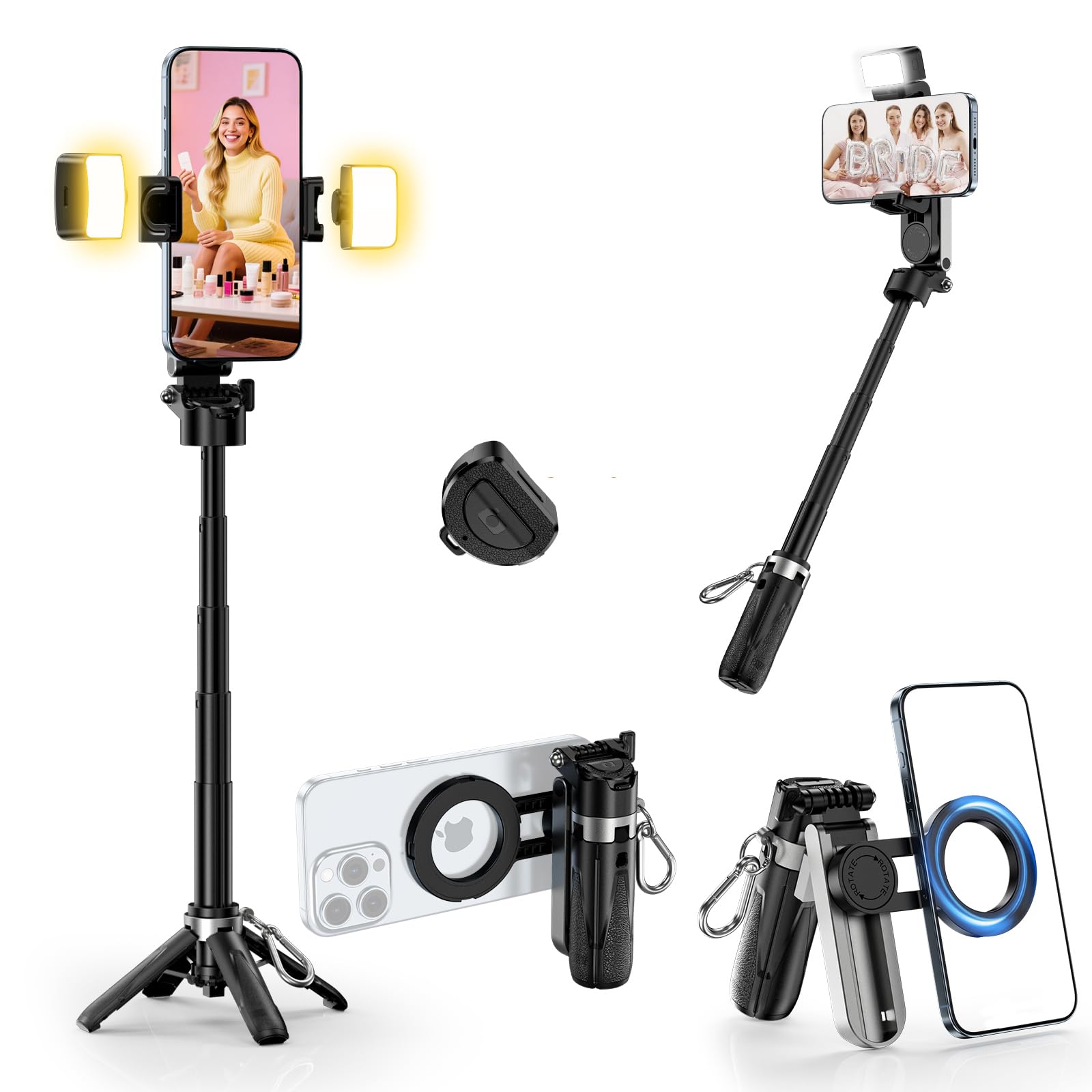 CloudValley Magnetisches Mini Selfie Stick Stativ mit 2 Lichtern, 4-in-1 Tragbares Handy Stativ mit 360° Rotation, Abnehmbare Bluetooth Fernbedienung, Faltbarer Griff für iPhone Android Vlog/Foto Mit Licht Angebot bei HelloDeals