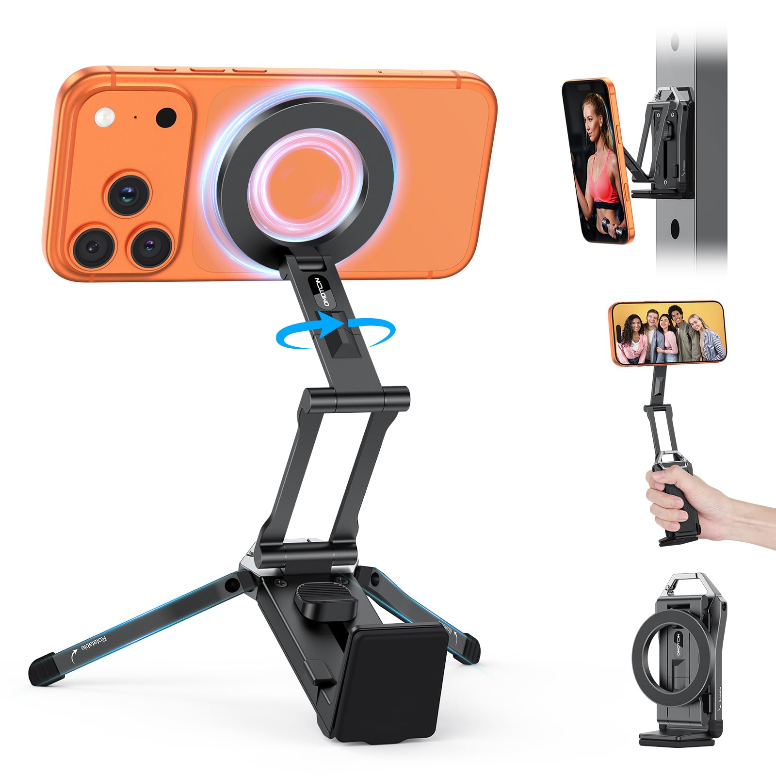 OMOTON Aluminium Magnetisches Handy Stativ, 360° Drehbar Selfie Stick Stativ für MagSafe, 4in1 Verstellbare Handyhalterung für iPhone 17/16/15/14 Pro Max Air, für Fitnessstudio, Video, Vlog, Schwarz Angebot bei HelloDeals