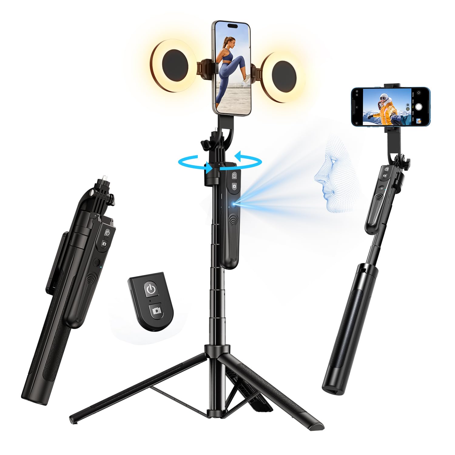 yAyusi 360° Drehung Auto Face Tracking Stativ mit Licht, Keine App, 180cm Telefonstativständer mit Bewegungssensor, Gesichtskörper Handy Selfie Stick für Vlog/Live-Stream/Videoaufzeichnung Angebot bei HelloDeals