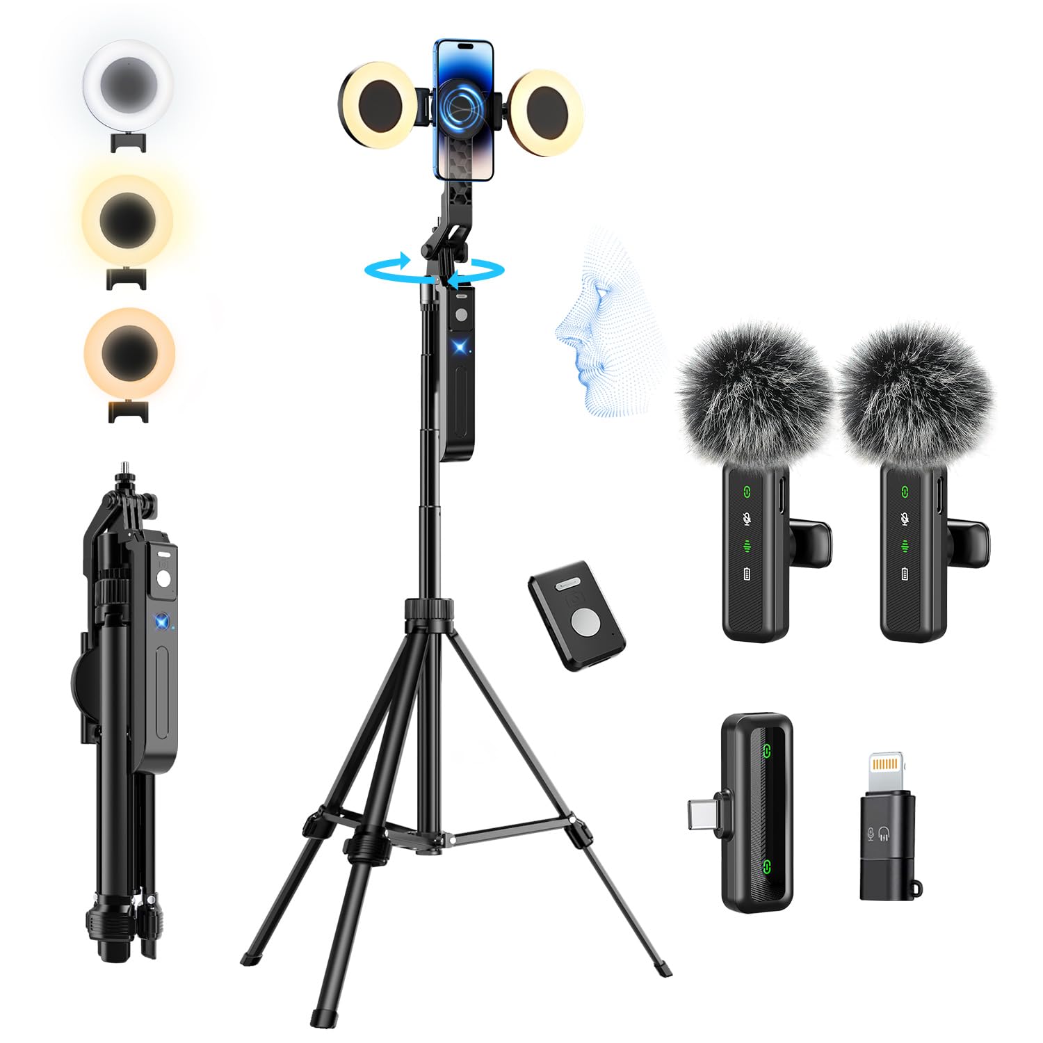 yAyusi Vlogging-Kit, YouTube-Starter-Kit, 180cm 360° Drehung Auto Face Tracking Stativ für iPhone mit Licht, Kabellosem Mikrofon/Fernbedienung, Basic-Starter-Kit für Content-Ersteller für YouTube Angebot bei HelloDeals