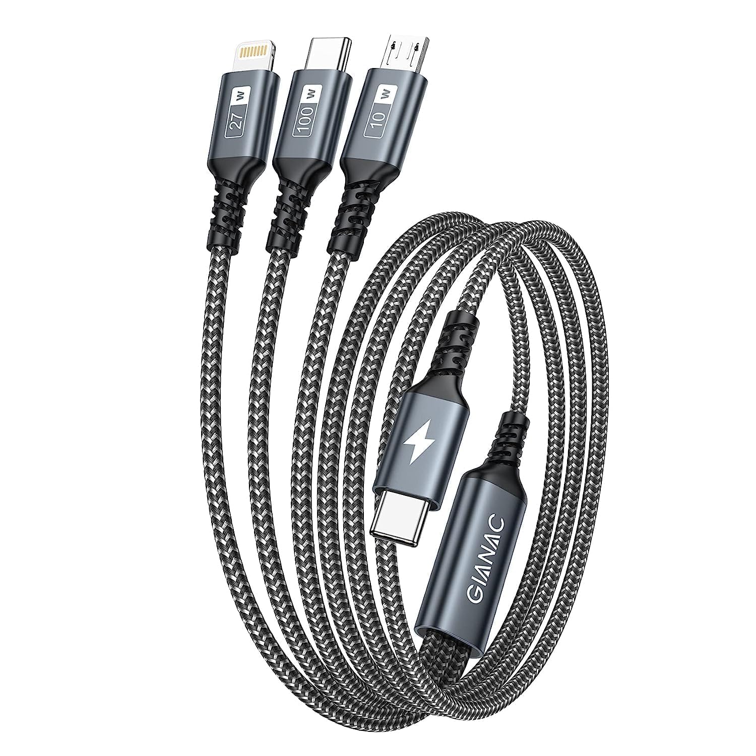 GIANAC 100W USB C auf Multi Kabel [1.2M] Schnellladekabel mit E-Mark Chip 3 in 1 Ladekabel [100W]+Micro[10W]+Lightning[27W] für Galaxy S23/iPad Pro, iPad Mini, MacBook Pro/Air/iPhone 15 14 13 1.2M Ohne LED Display Grey Angebot bei HelloDeals