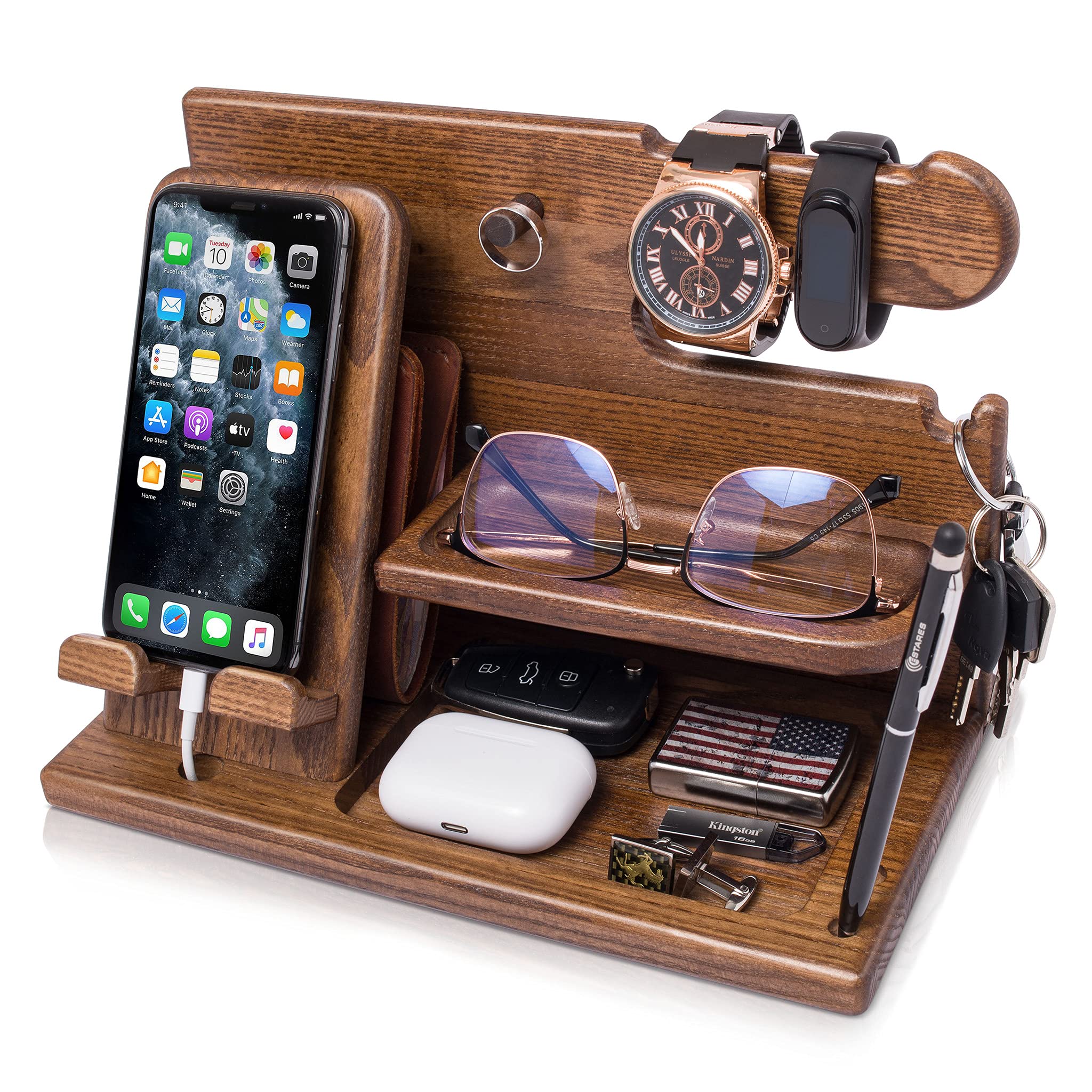 TESLYAR Holz Telefon Dockingstation & Schreibtisch Organizer mit Handyständer Beige für Büro Aufbewahrung & Organisation/Tolle Geschenkideen für Männer/Holz Geschenke für Väter Weihnachten Angebot bei HelloDeals