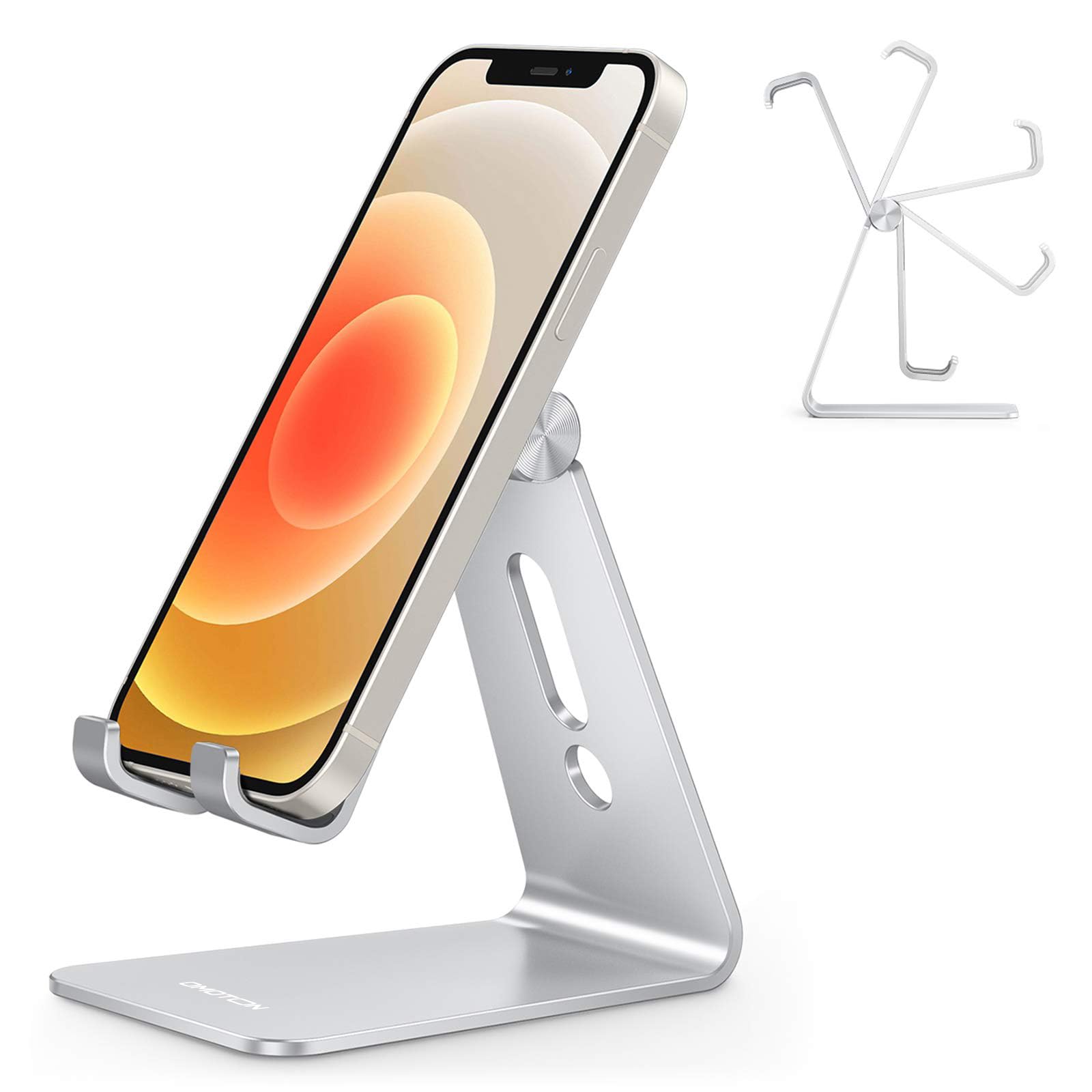 OMOTON Aluminium Handy Ständer, Multi-Winkel Verstellbarer Handy Halter Büro, Handyhalterung für Schreibtisch, kompatibel mit iPhone 17/16/15/14 Pro Max Air, Silber Angebot bei HelloDeals
