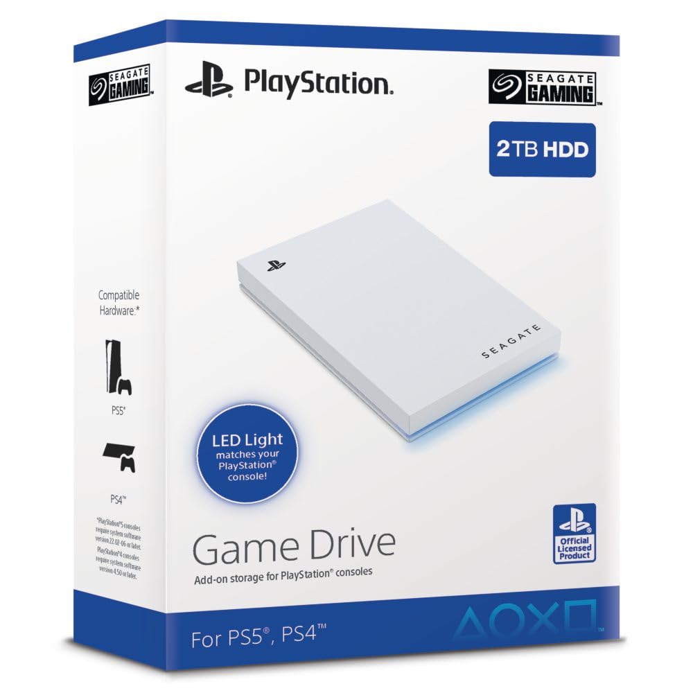 Seagate Game Drive PS4/PS5 2TB, tragbare externe Festplatte, 2.5 Zoll, USB 3.0, weiß, LED blau, inkl. 2 Wochen Playstation+ (STLV2000202) Angebot bei HelloDeals
