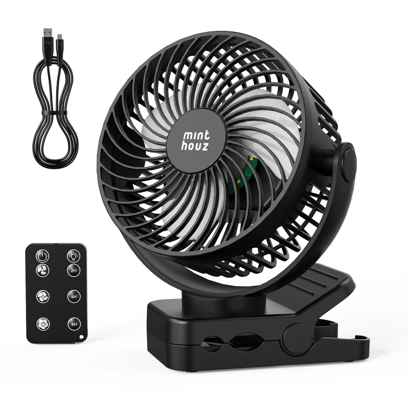 Minthouz USB Tischventilator leise mit 12000mAh Ventilator Akku – Tragbarer Clip-Ventilator mit Fernbedienung, Licht, Timer, 360° drehbar, 3 Stufen, 45 Std. Laufzeit – für Camping, Büro, Kinderwagen Angebot bei HelloDeals