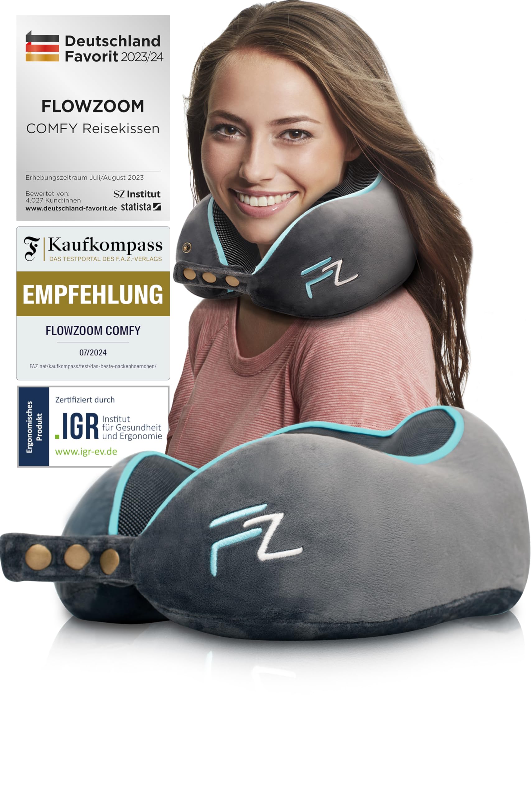 FLOWZOOM Comfy Nackenkissen Flugzeug & Auto - Einstellbares Memory Foam Reisekissen mit flexiblen Druckknöpfen für 360° Stütze, atmungsaktiver weicher Bezug - inkl. Transportbeutel - Grau 2.1. Comfy - Grau Angebot bei HelloDeals
